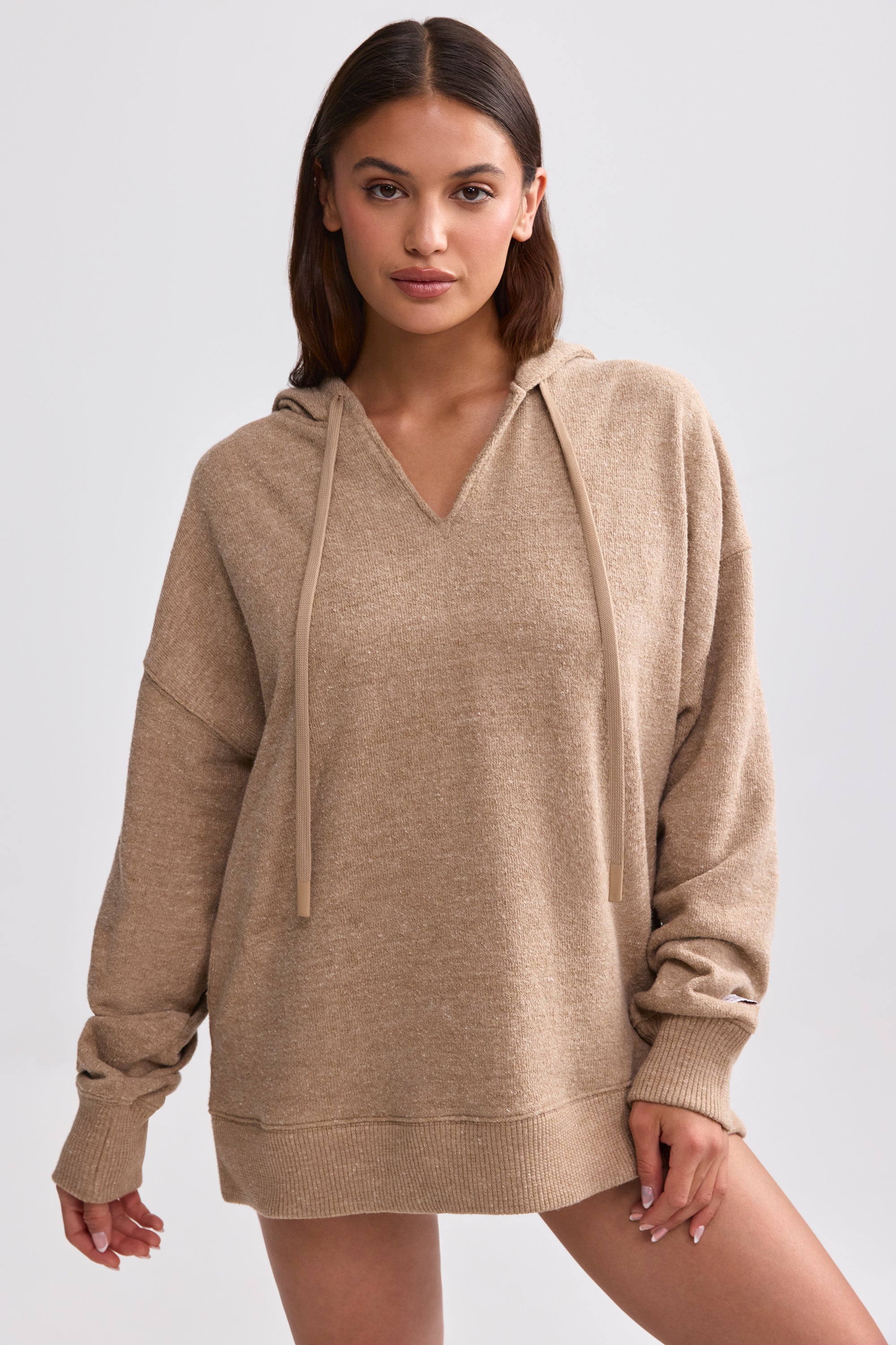 Terry Towelling V-Neck Hoodie in Mocha Brown - Image 7