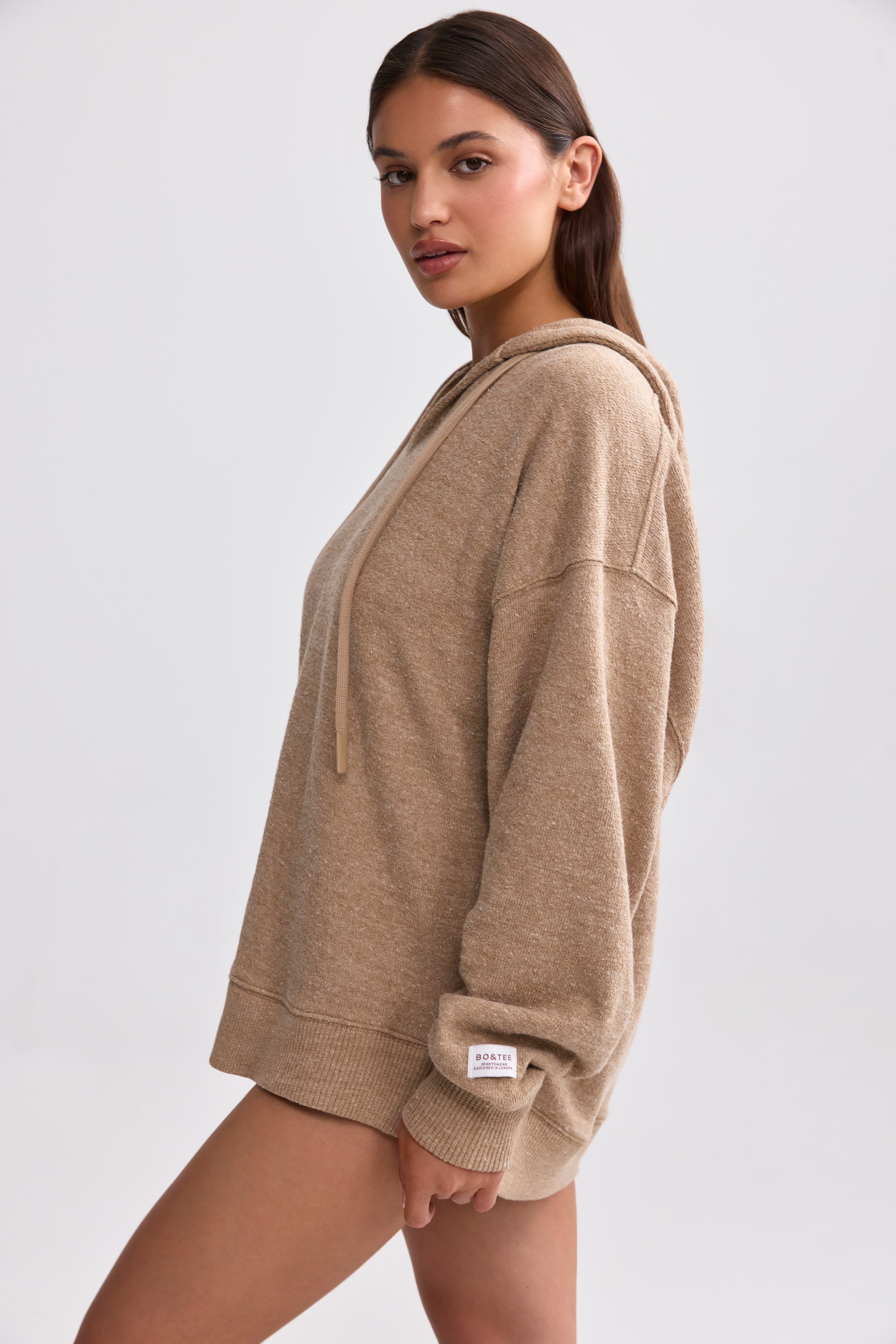 Terry Towelling V-Neck Hoodie in Mocha Brown - Image 3