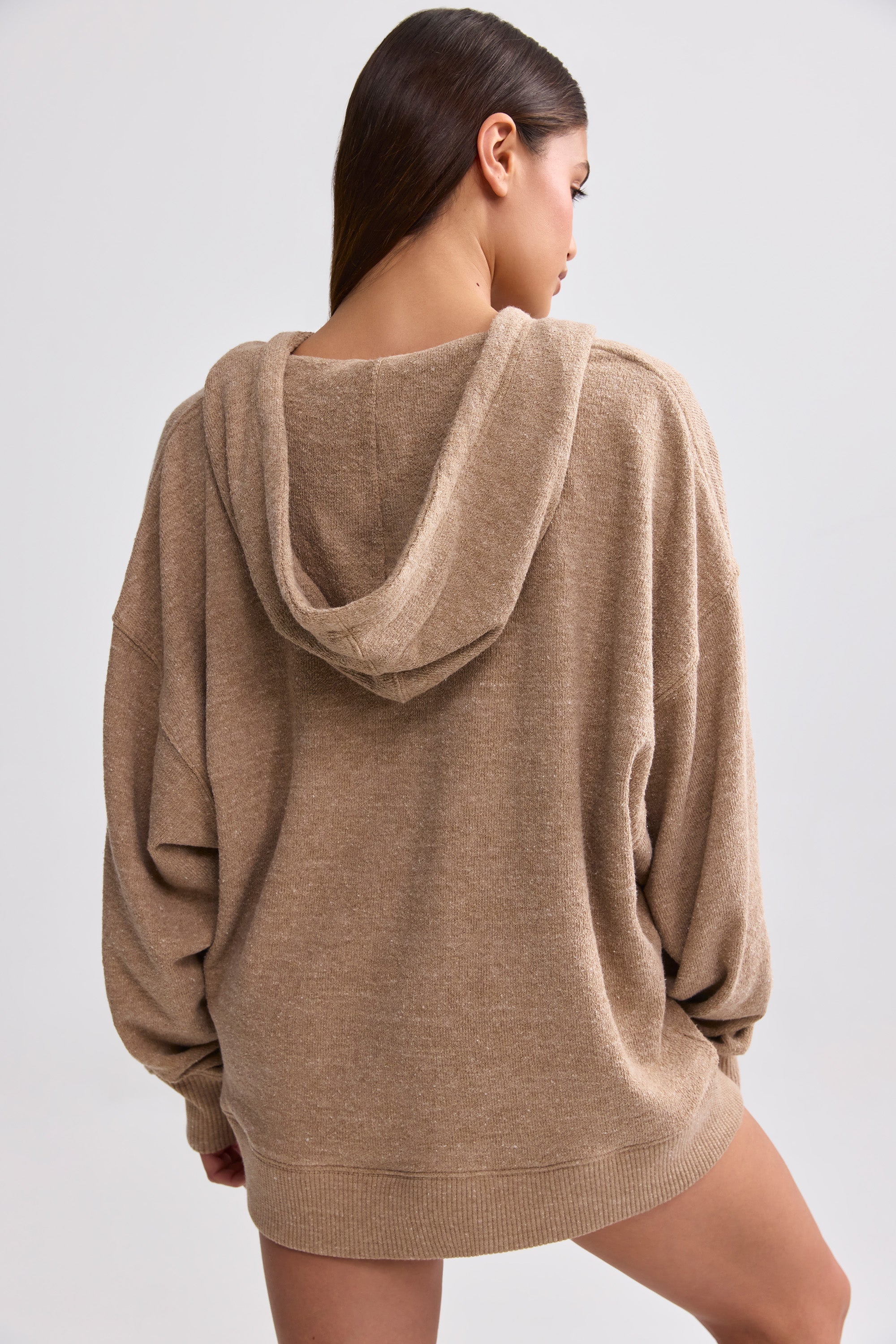 Terry Towelling V-Neck Hoodie in Mocha Brown - Image 2
