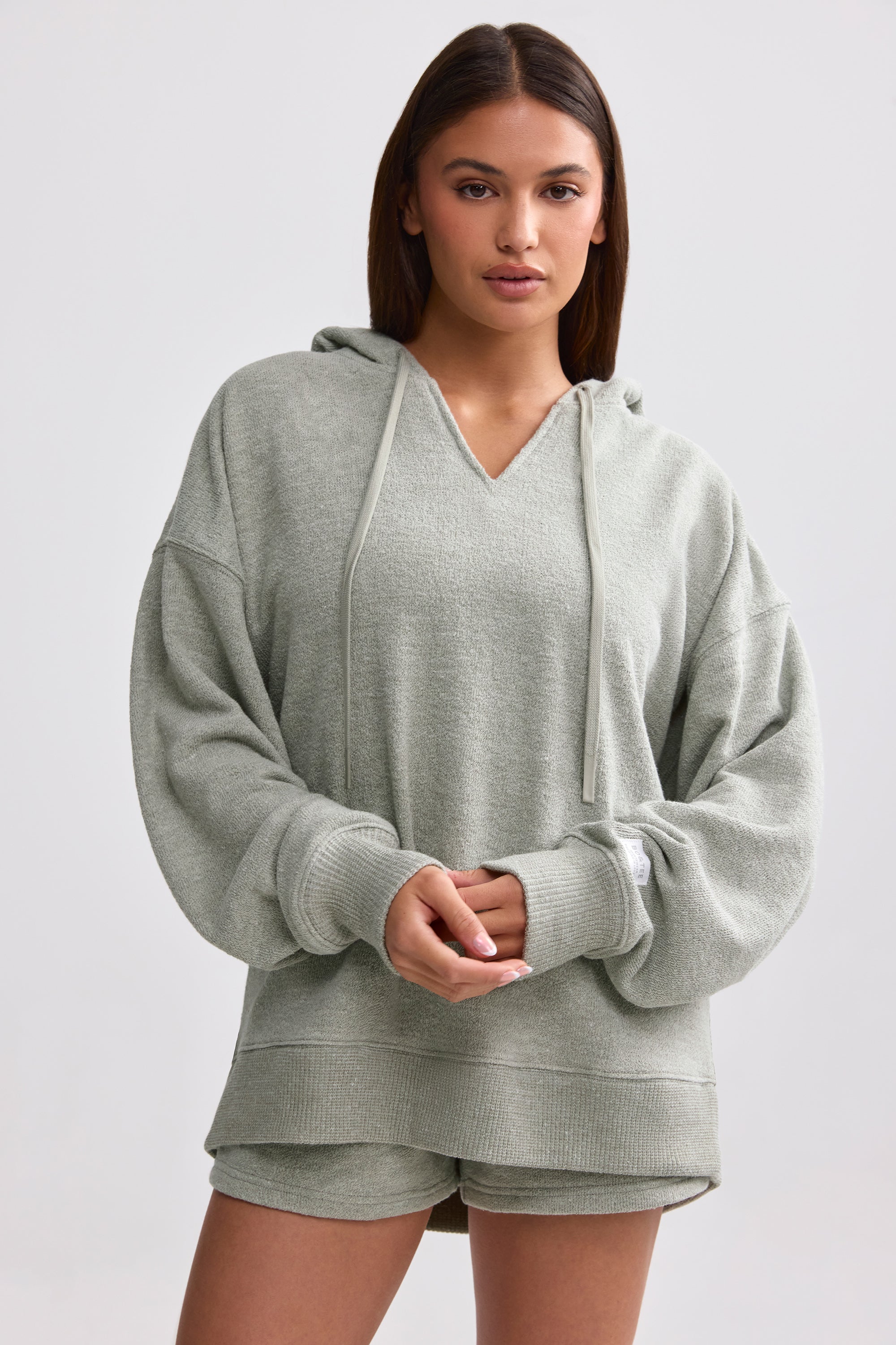 Terry Towelling V-Neck Hoodie in Sage Grey - Image 5