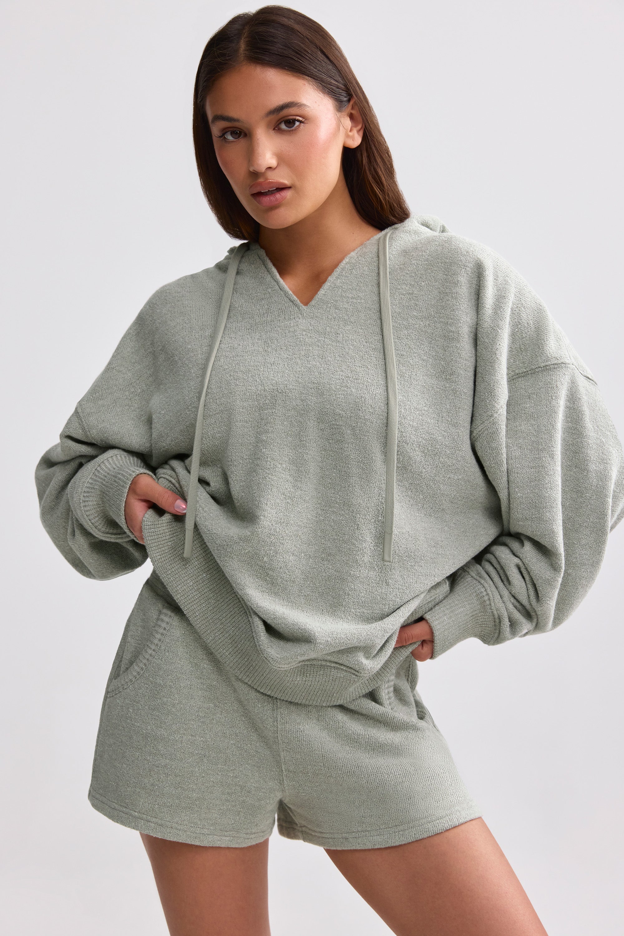 Terry Towelling V-Neck Hoodie in Sage Grey - Image 7