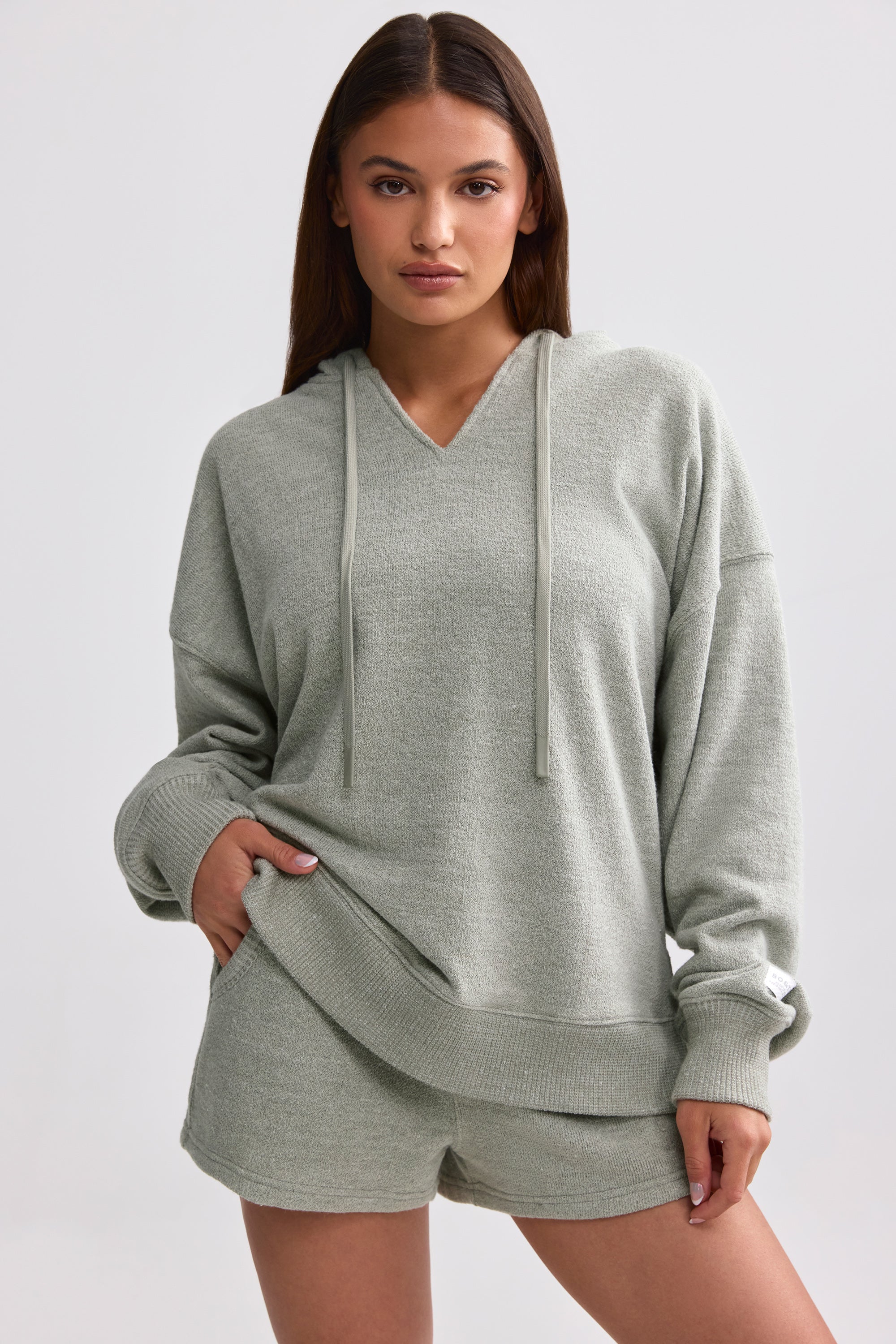 Terry Towelling V-Neck Hoodie in Sage Grey - Image 6
