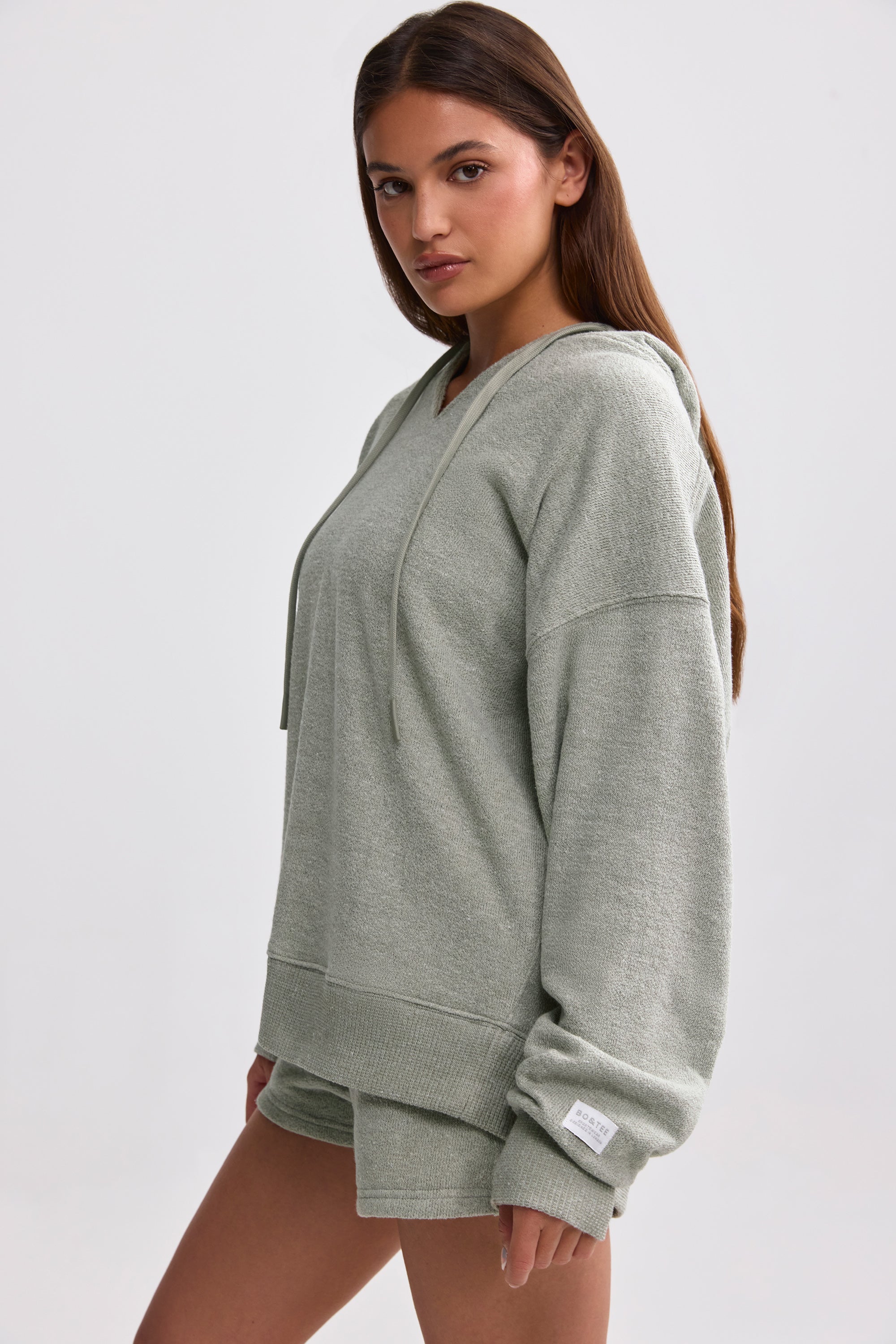 Terry Towelling V-Neck Hoodie in Sage Grey - Image 3