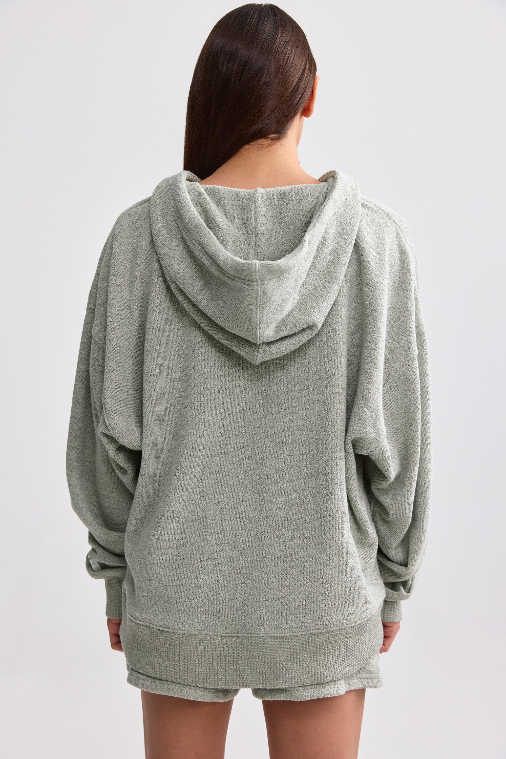 Terry Towelling V-Neck Hoodie in Sage Grey - Image 2