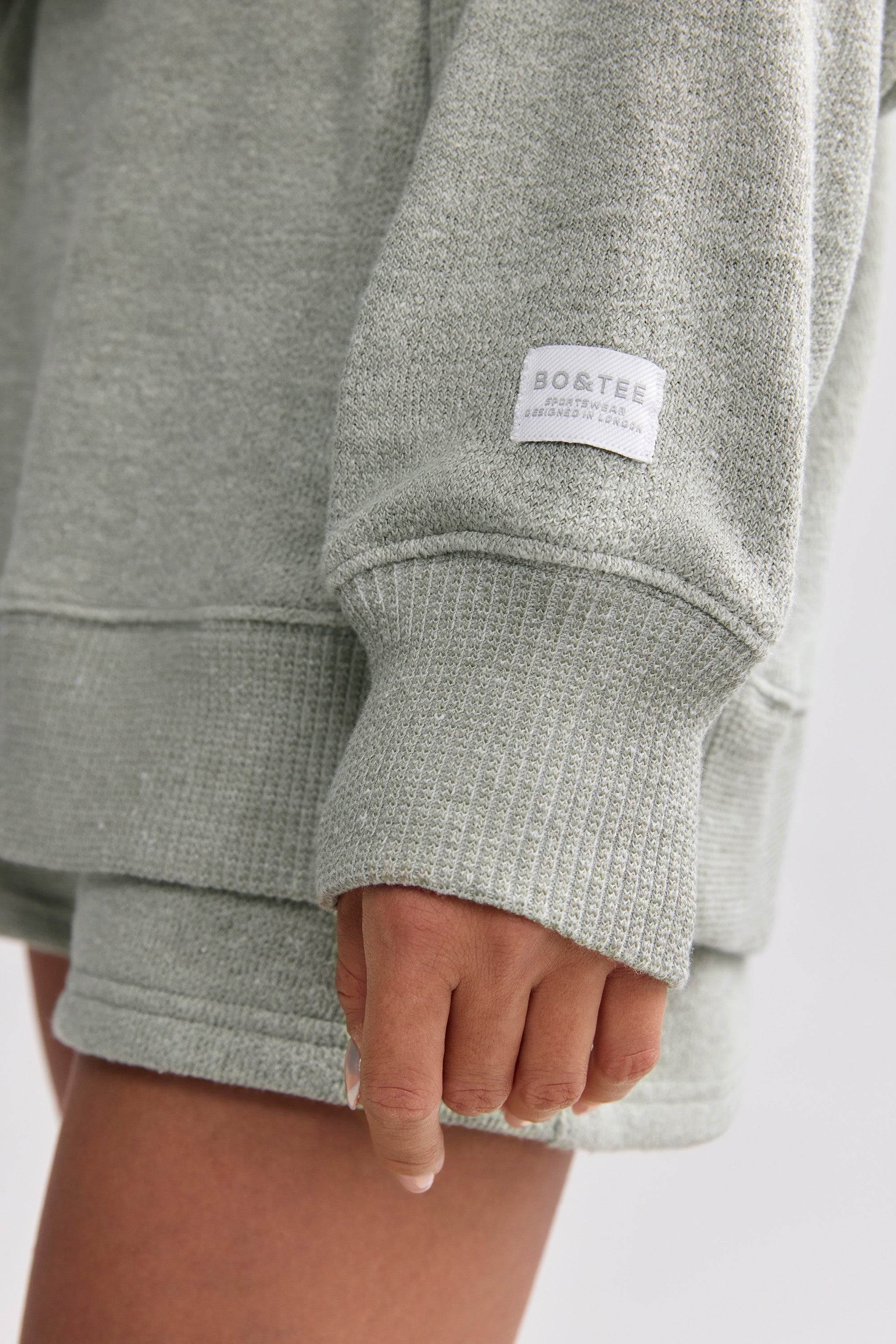 Terry Towelling V-Neck Hoodie in Sage Grey - Image 4