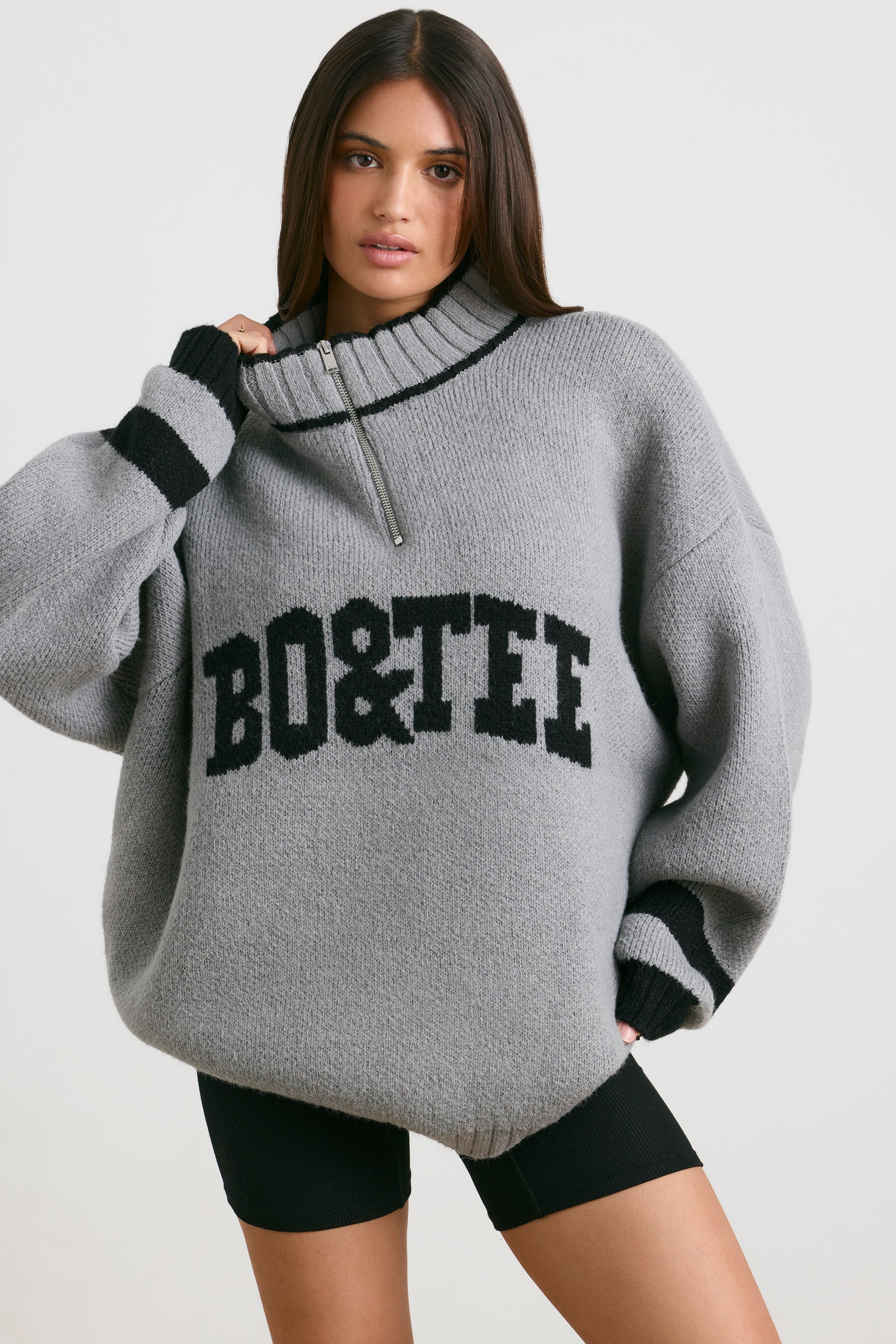Casual Oversized Quarter-Zip Chunky-Knit Jumper in Heather Grey - Image 7
