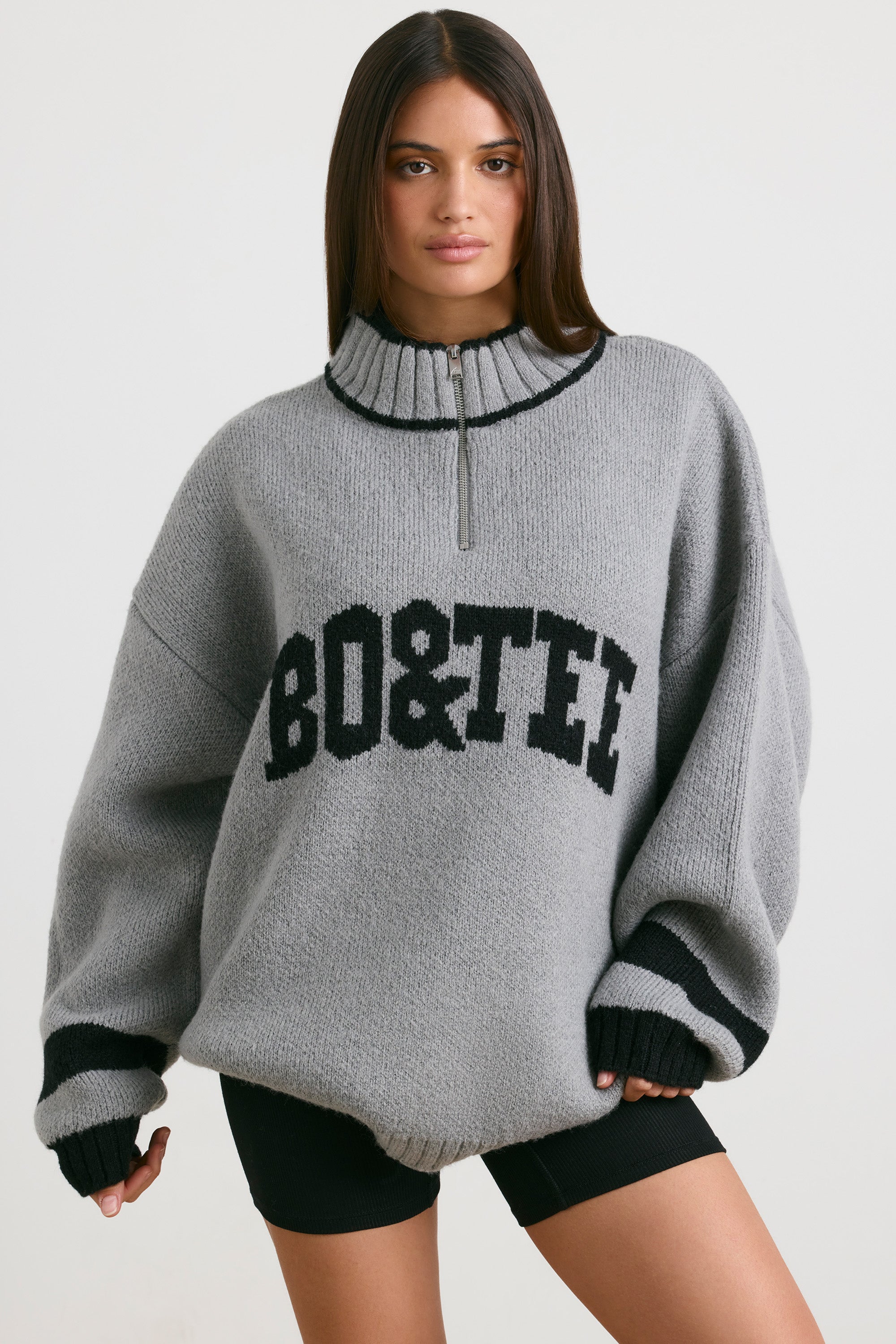 Casual Oversized Quarter-Zip Chunky-Knit Jumper in Heather Grey - Image 8