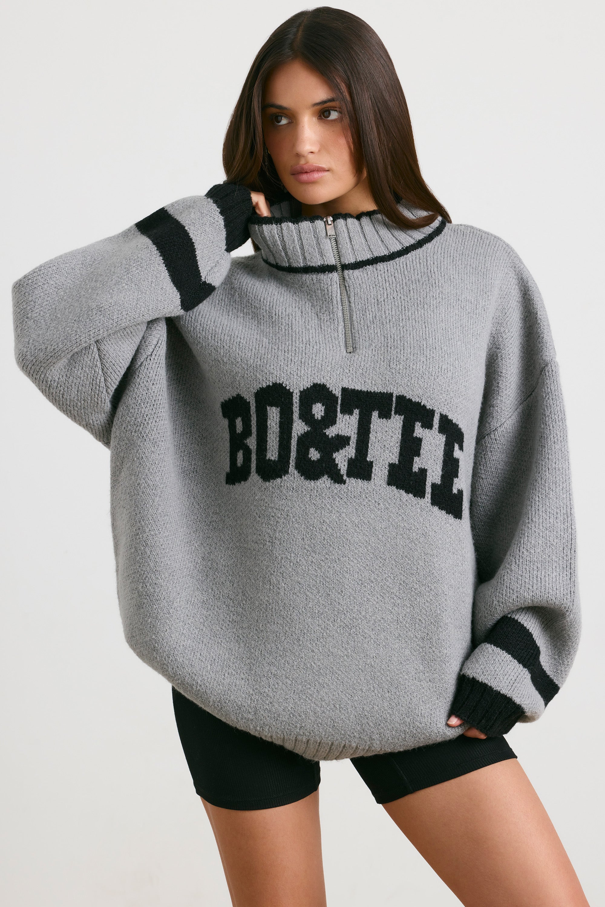 Casual Oversized Quarter-Zip Chunky-Knit Jumper in Heather Grey