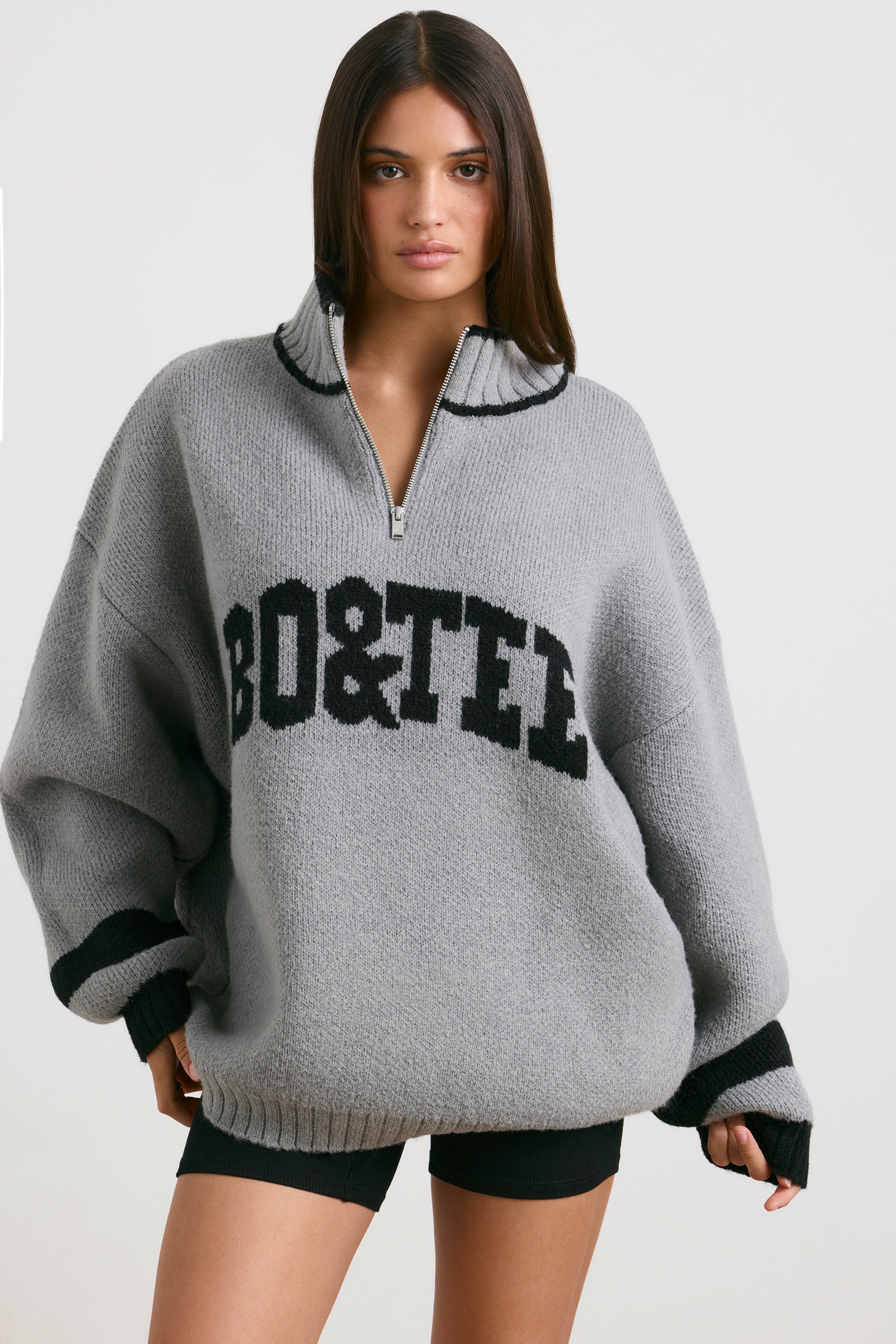 Casual Oversized Quarter-Zip Chunky-Knit Jumper in Heather Grey - Image 9