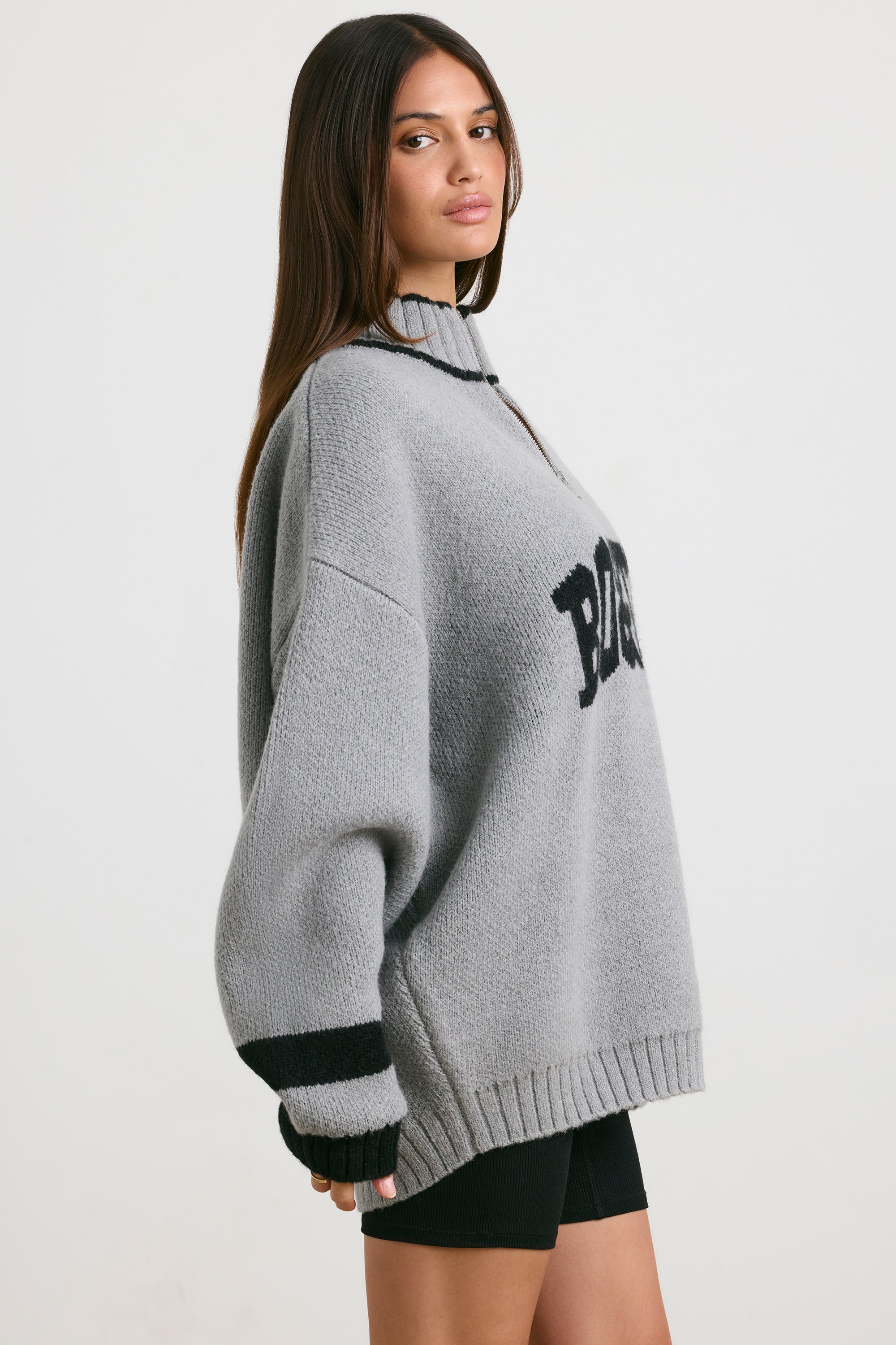 Casual Oversized Quarter-Zip Chunky-Knit Jumper in Heather Grey - Image 3