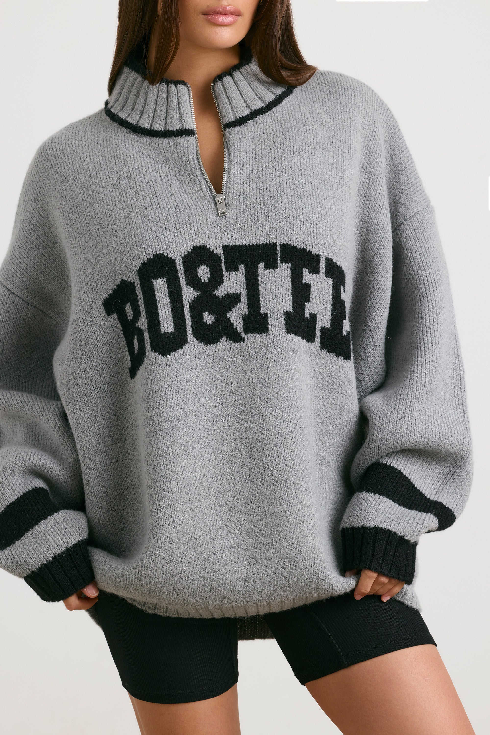 Casual Oversized Quarter-Zip Chunky-Knit Jumper in Heather Grey - Image 4