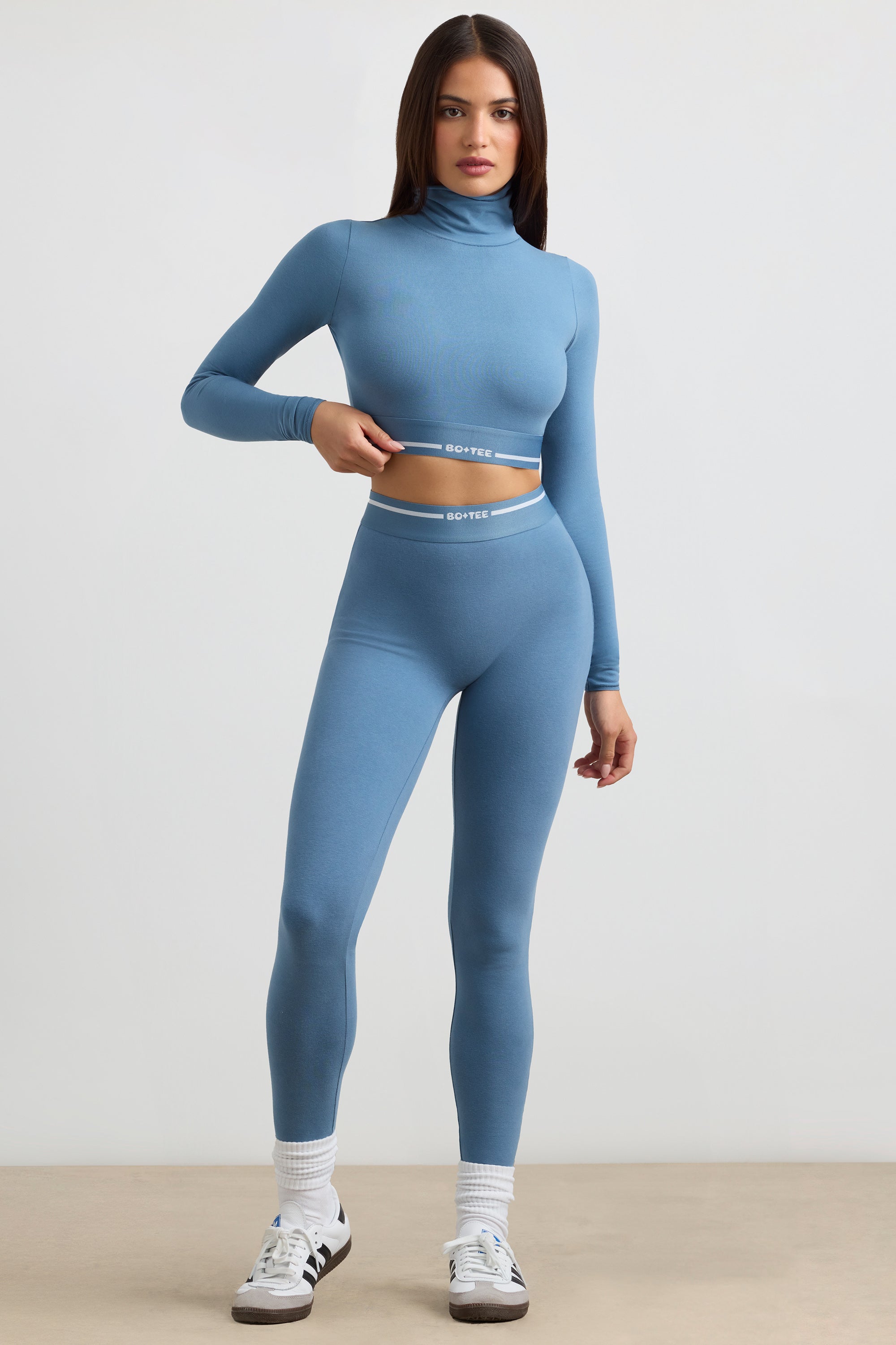 Grounded Turtleneck Backless Long-Sleeve Crop Top in Steel Blue - Image 8