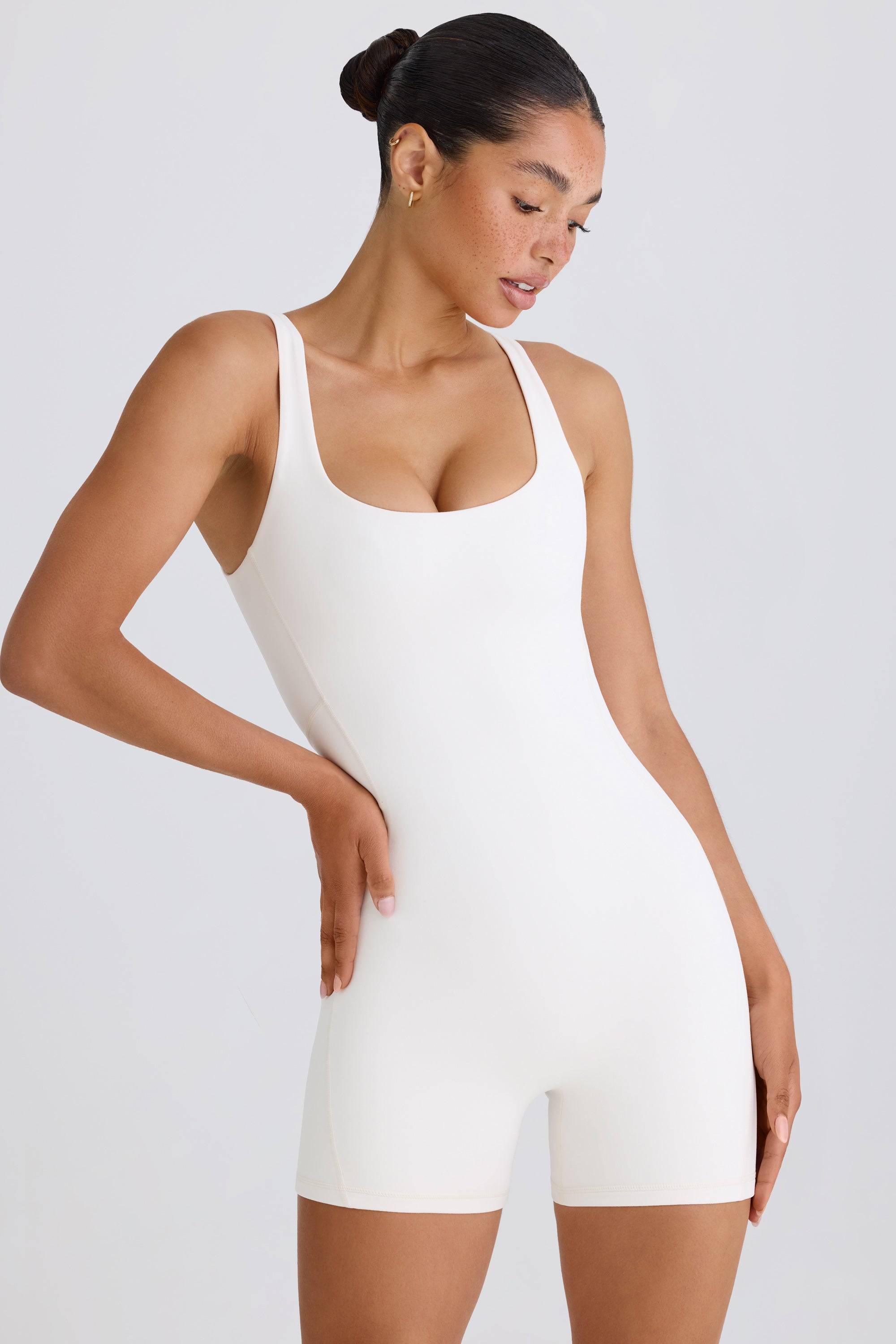 Jet Set Soft Active Open-Back Unitard in White - Image 7