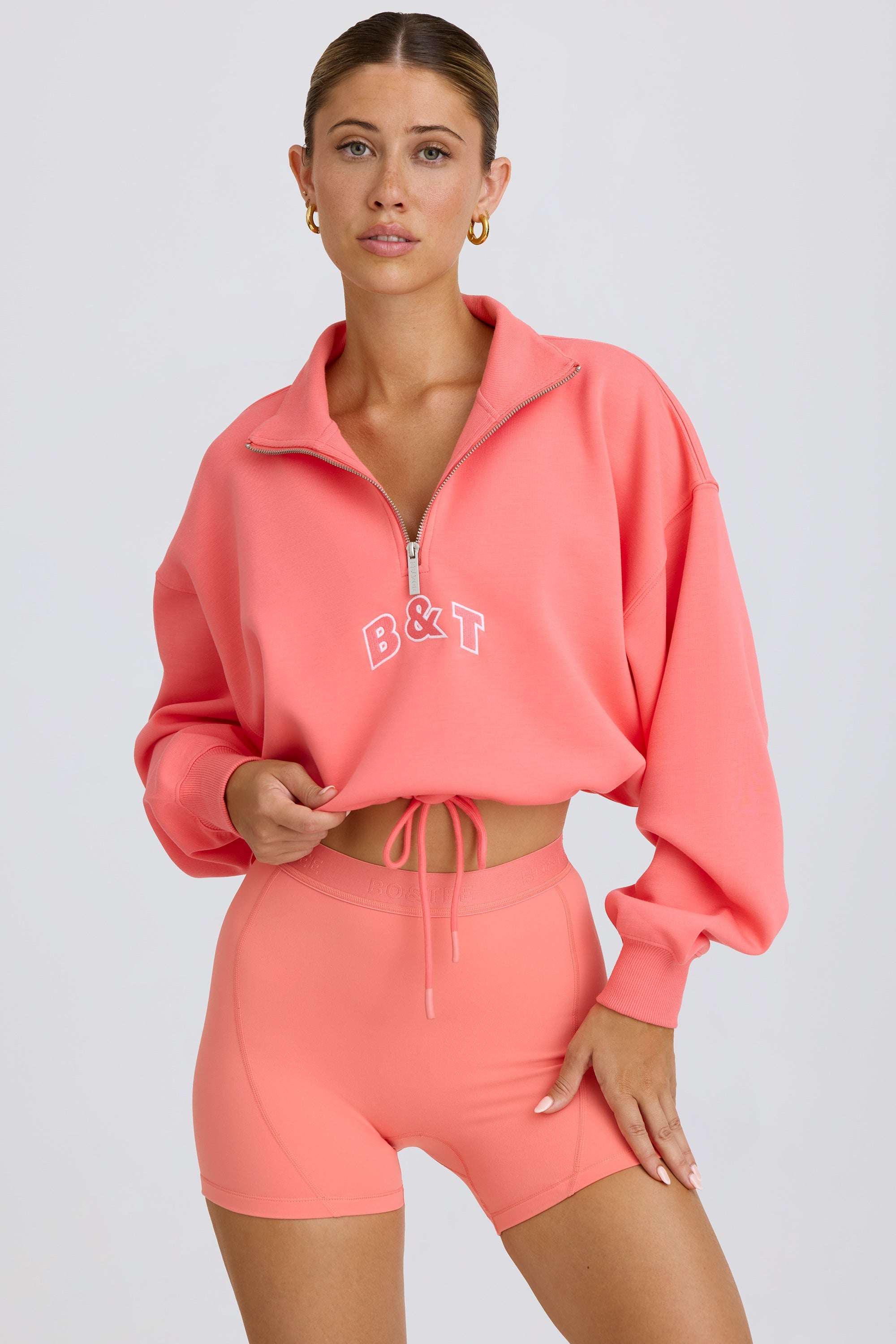 Courtside Classics Quarter-Zip Cropped Sweatshirt in Coral - Image 4