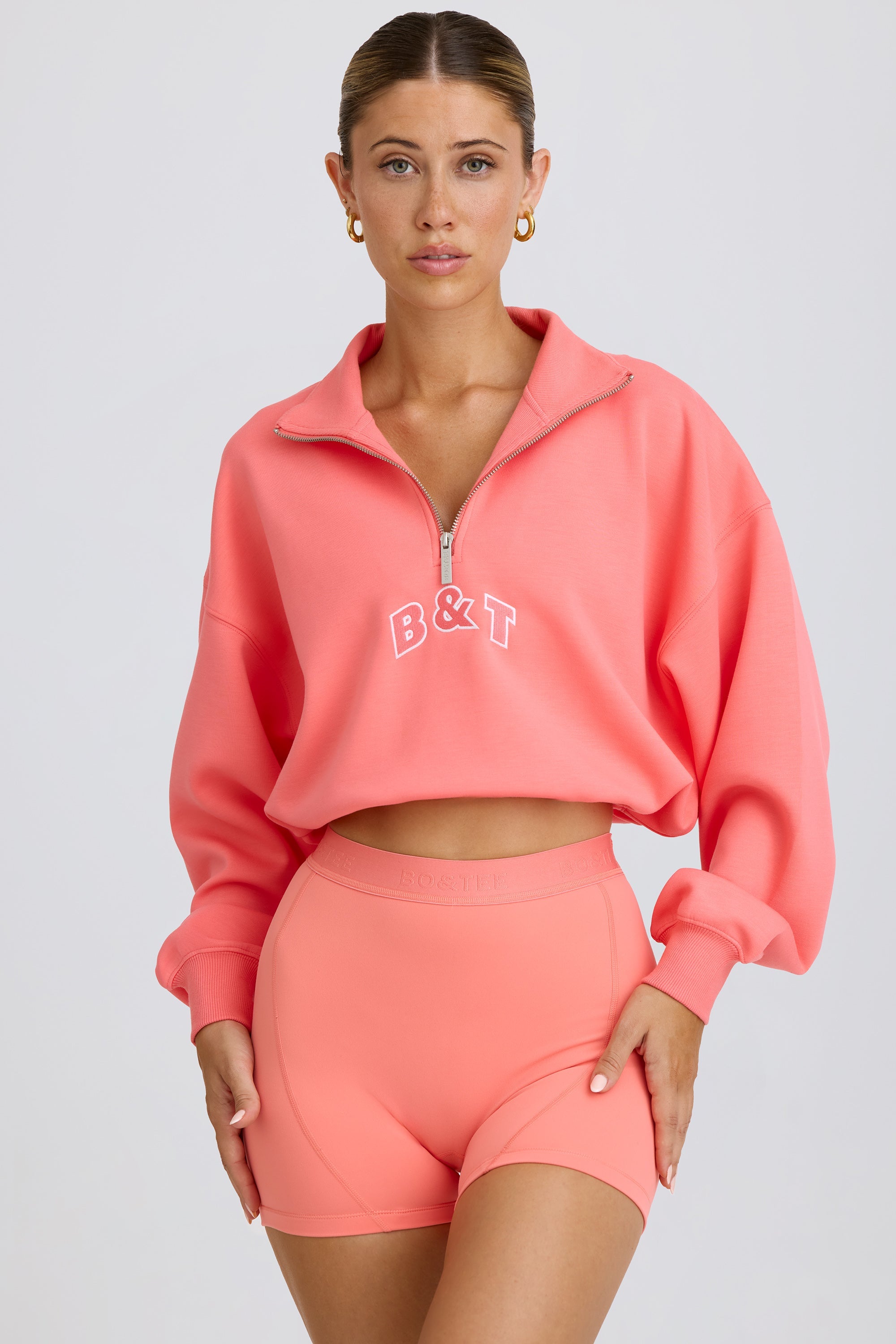 Courtside Classics Quarter-Zip Cropped Sweatshirt in Coral - Image 5