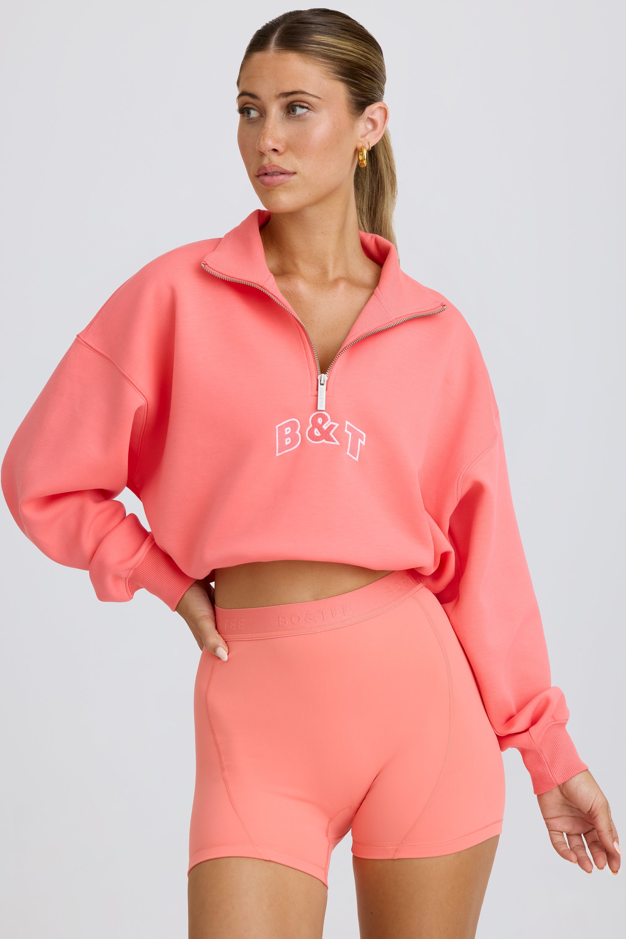 Courtside Classics Quarter-Zip Cropped Sweatshirt in Coral - Image 7