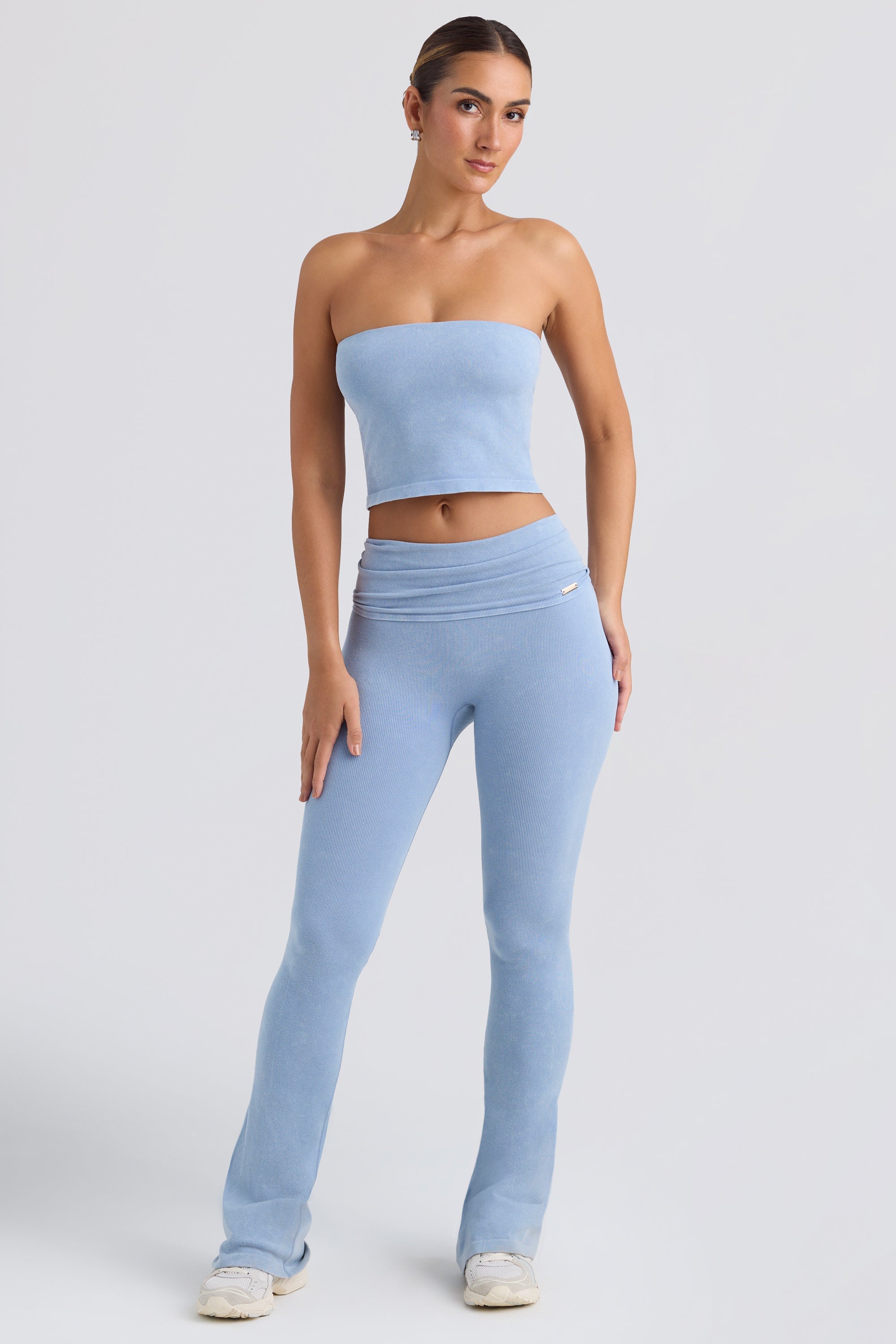 Foldover Flared Trousers in Washed Blue - Image 4