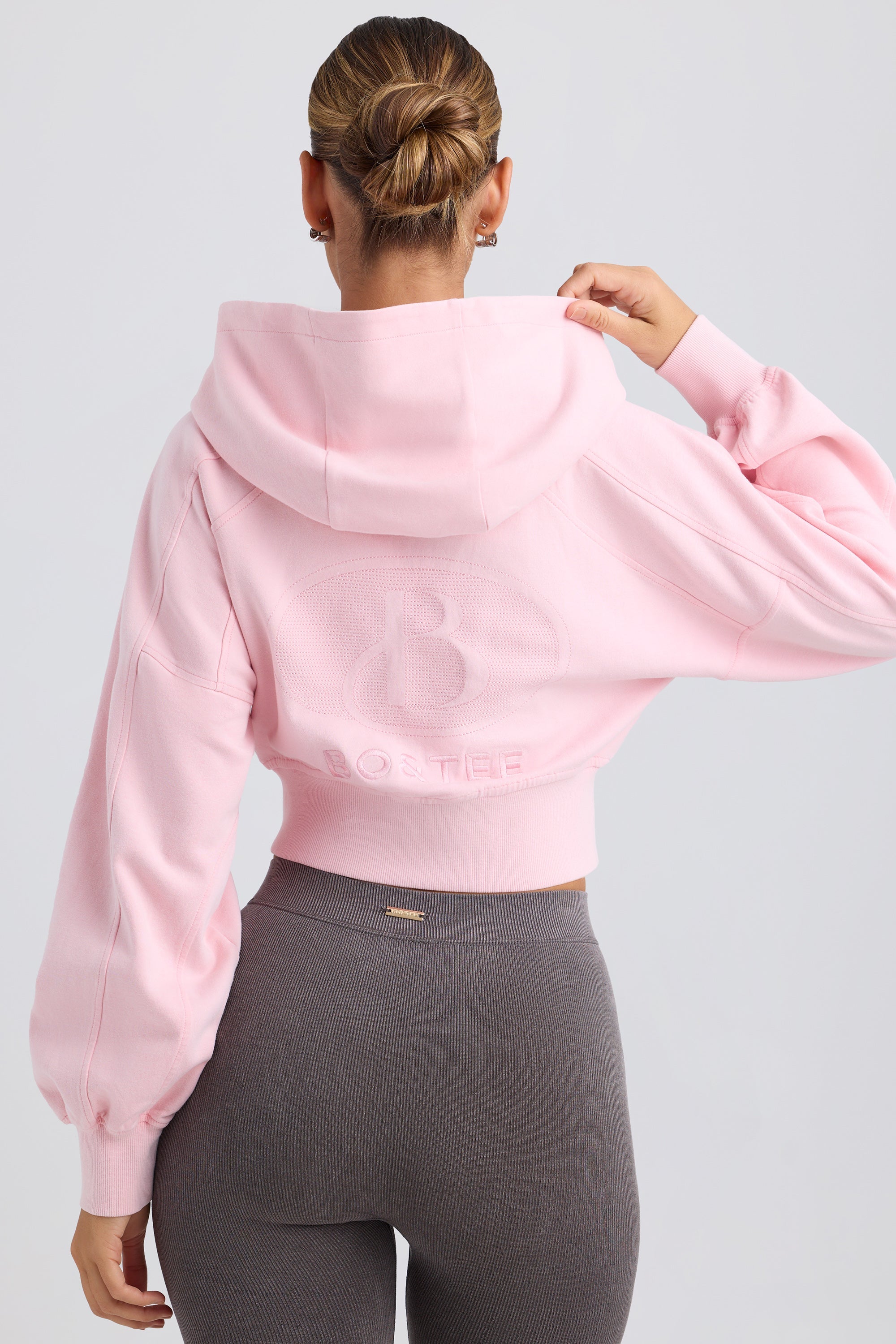Zip-Up Cropped Hoodie in Washed Ice Pink - Image 2