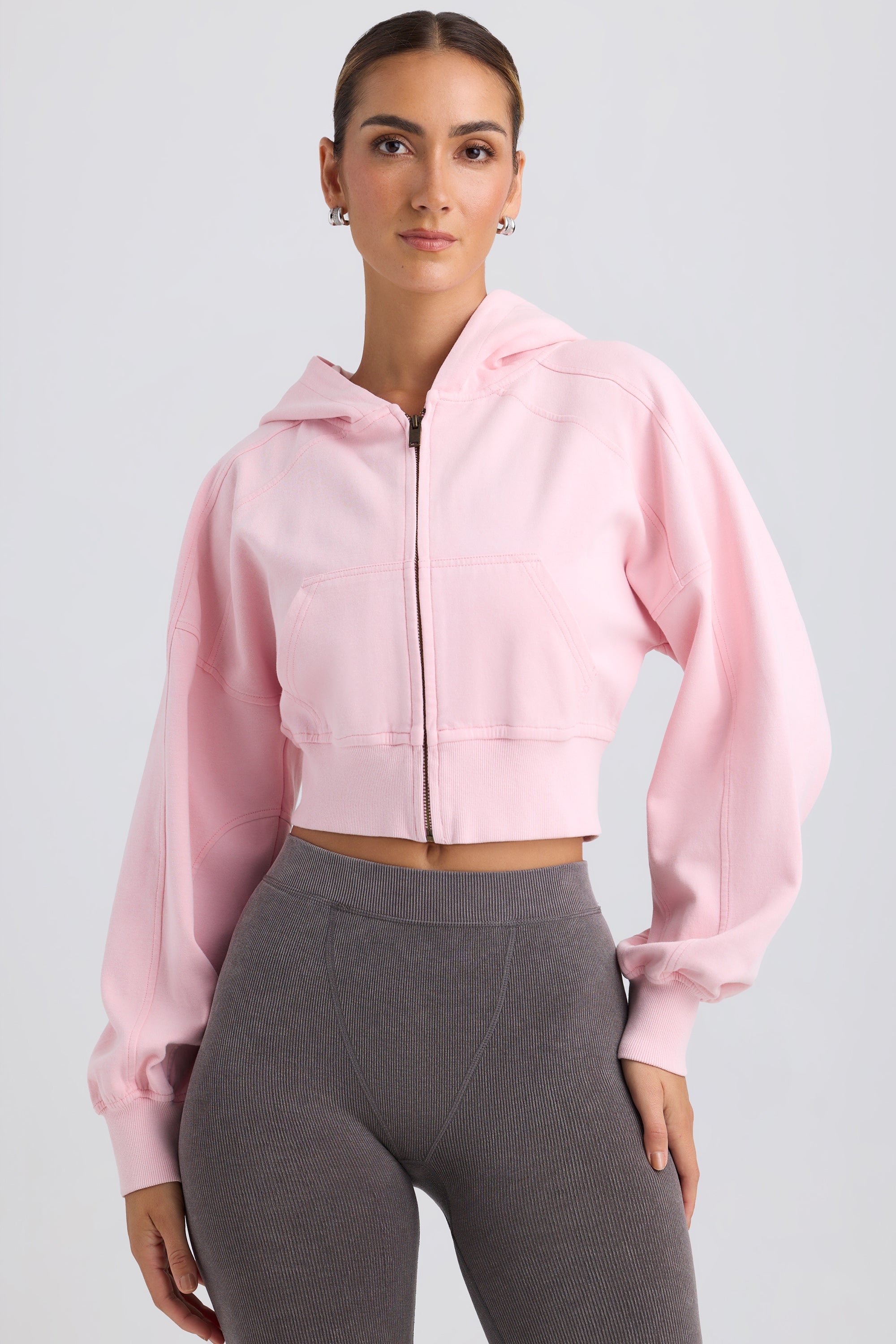 Zip-Up Cropped Hoodie in Washed Ice Pink - Image 6