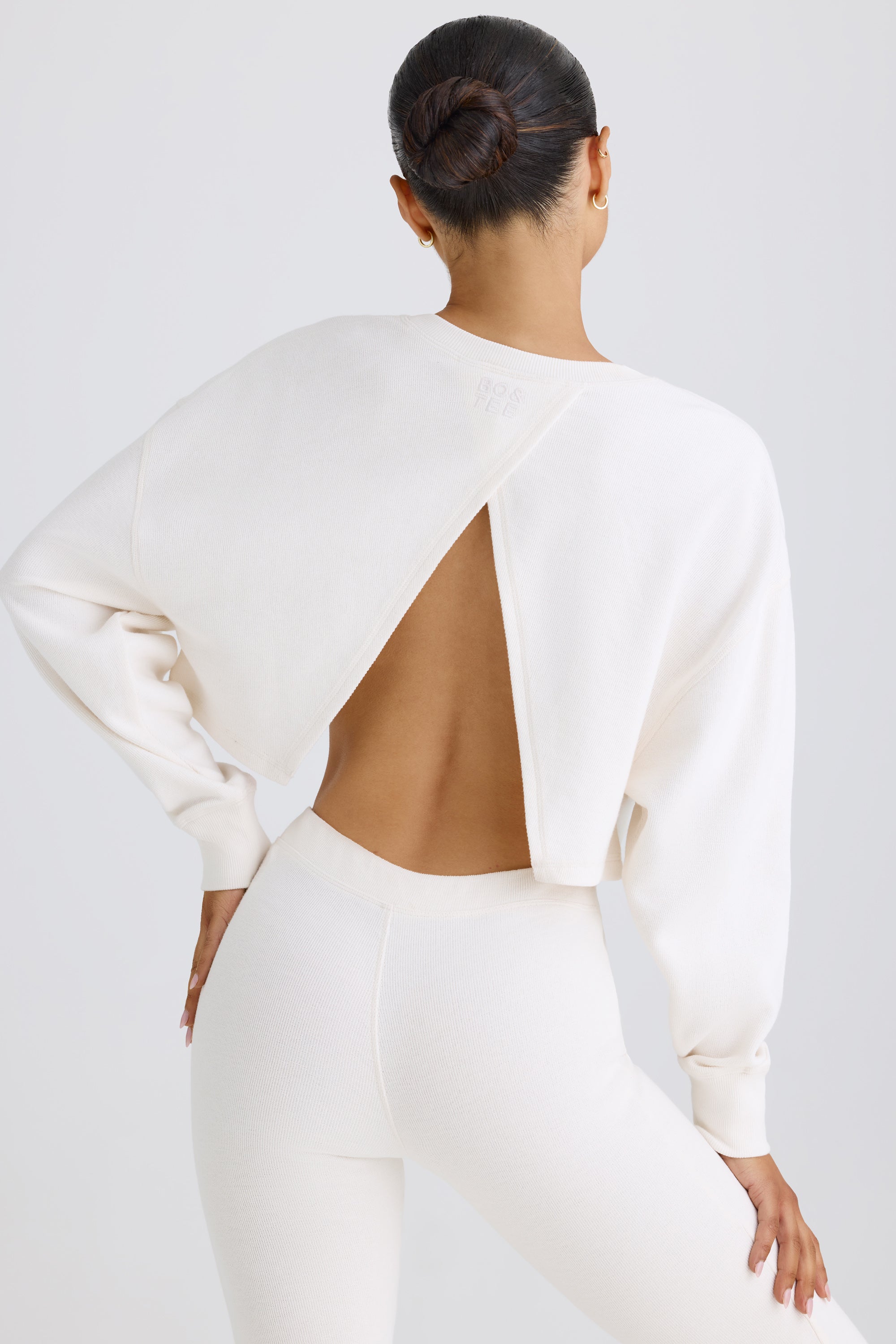 Jet Set Crew-Neck Open-Back Cropped Sweatshirt in White