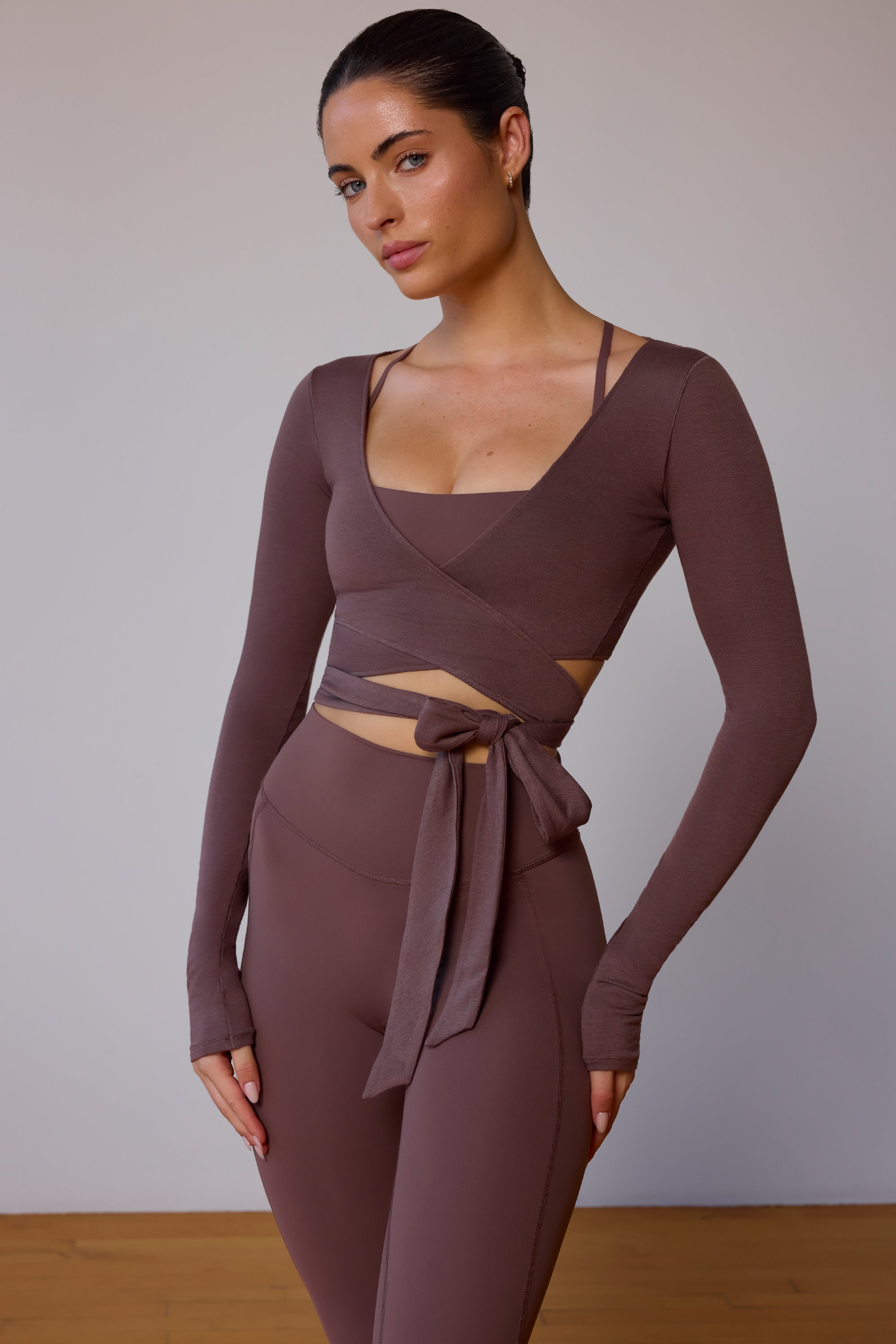 Long-Sleeve Wrap Crop Top in Taupe Brown - Image 7
