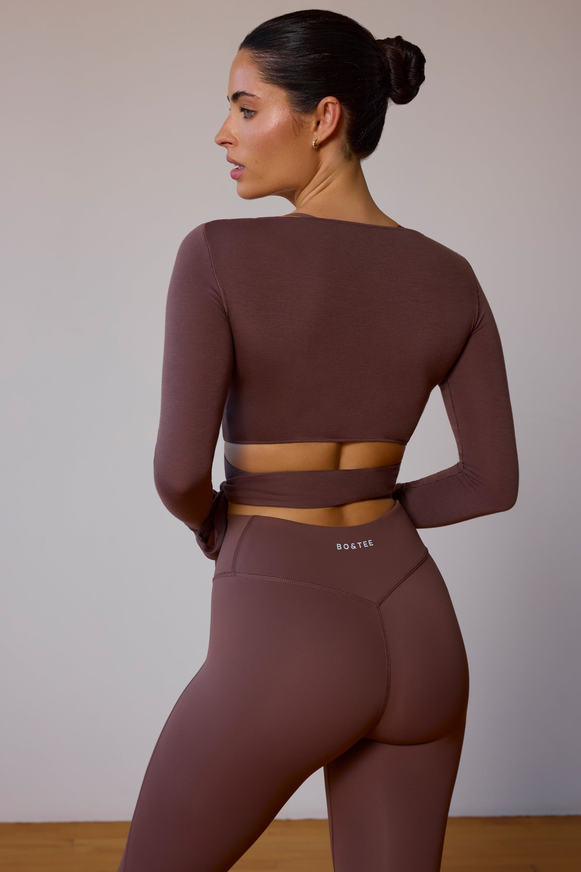 Long-Sleeve Wrap Crop Top in Taupe Brown - Image 2