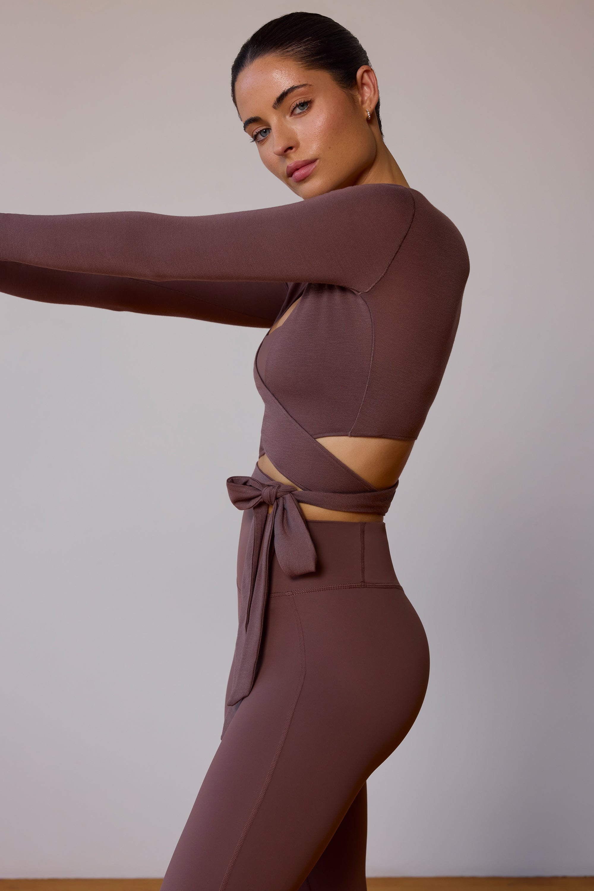 Long-Sleeve Wrap Crop Top in Taupe Brown - Image 3