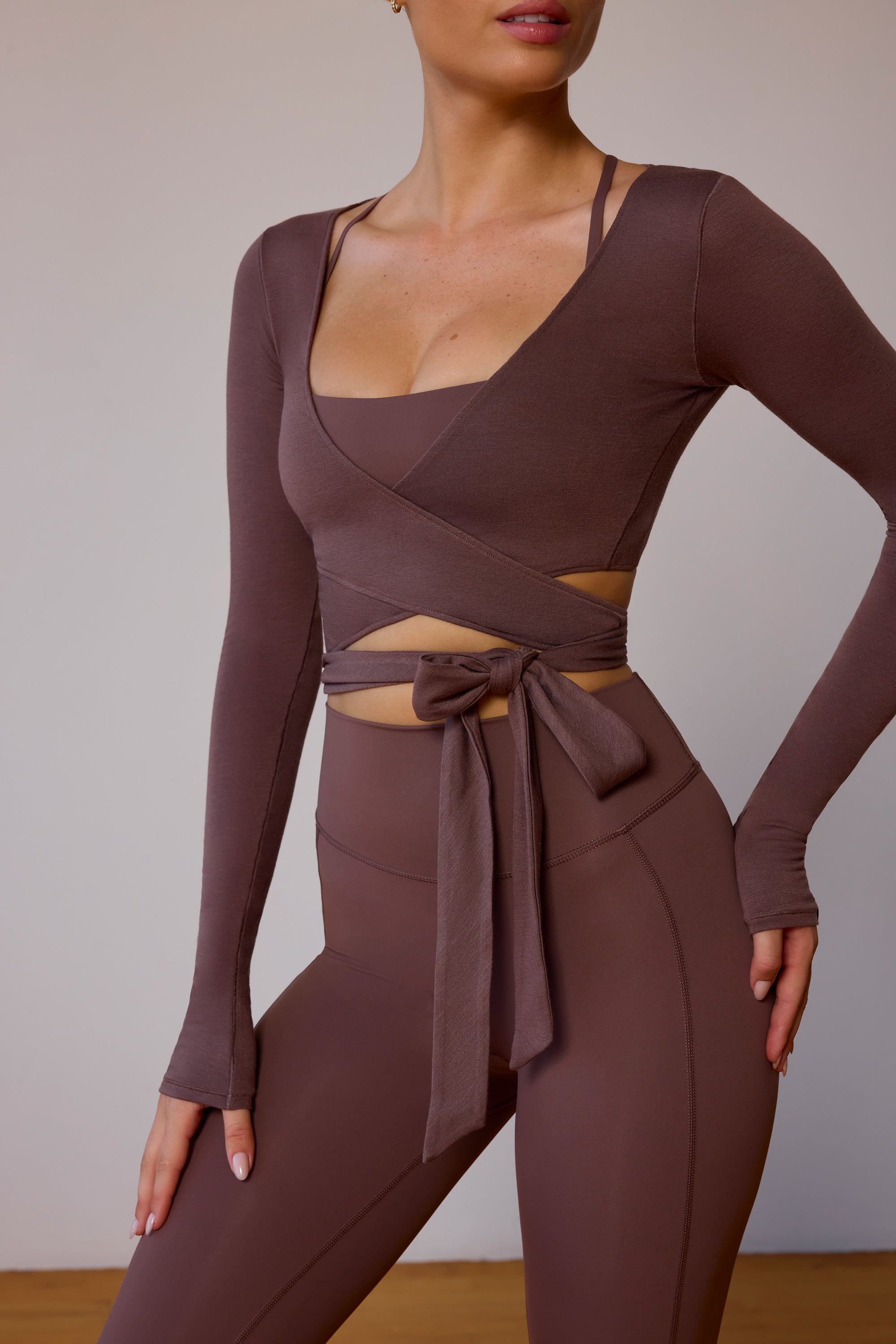 Long-Sleeve Wrap Crop Top in Taupe Brown - Image 4