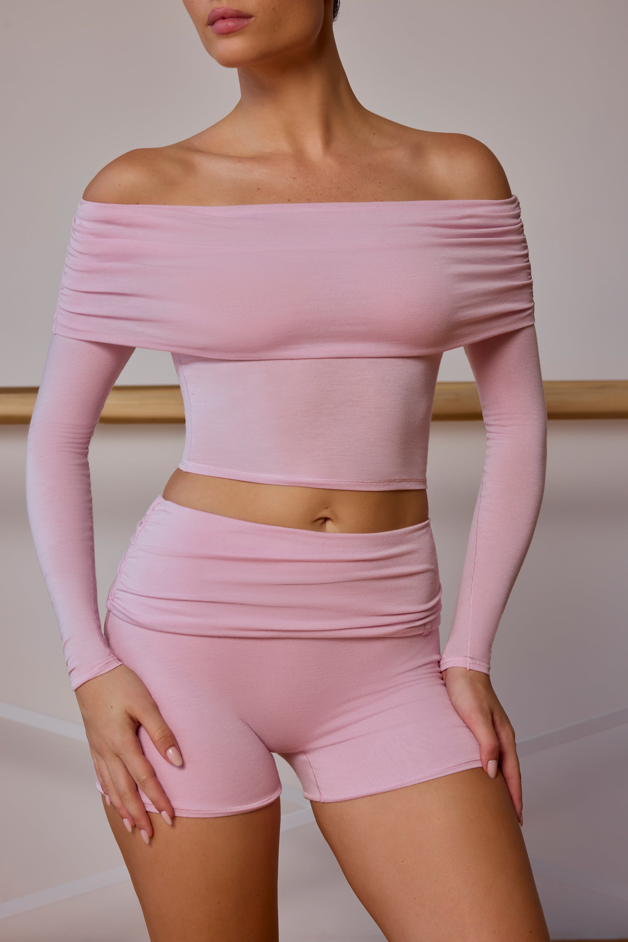 Sheer Off-Shoulder Long-Sleeve Top in Soft Pink - Image 4