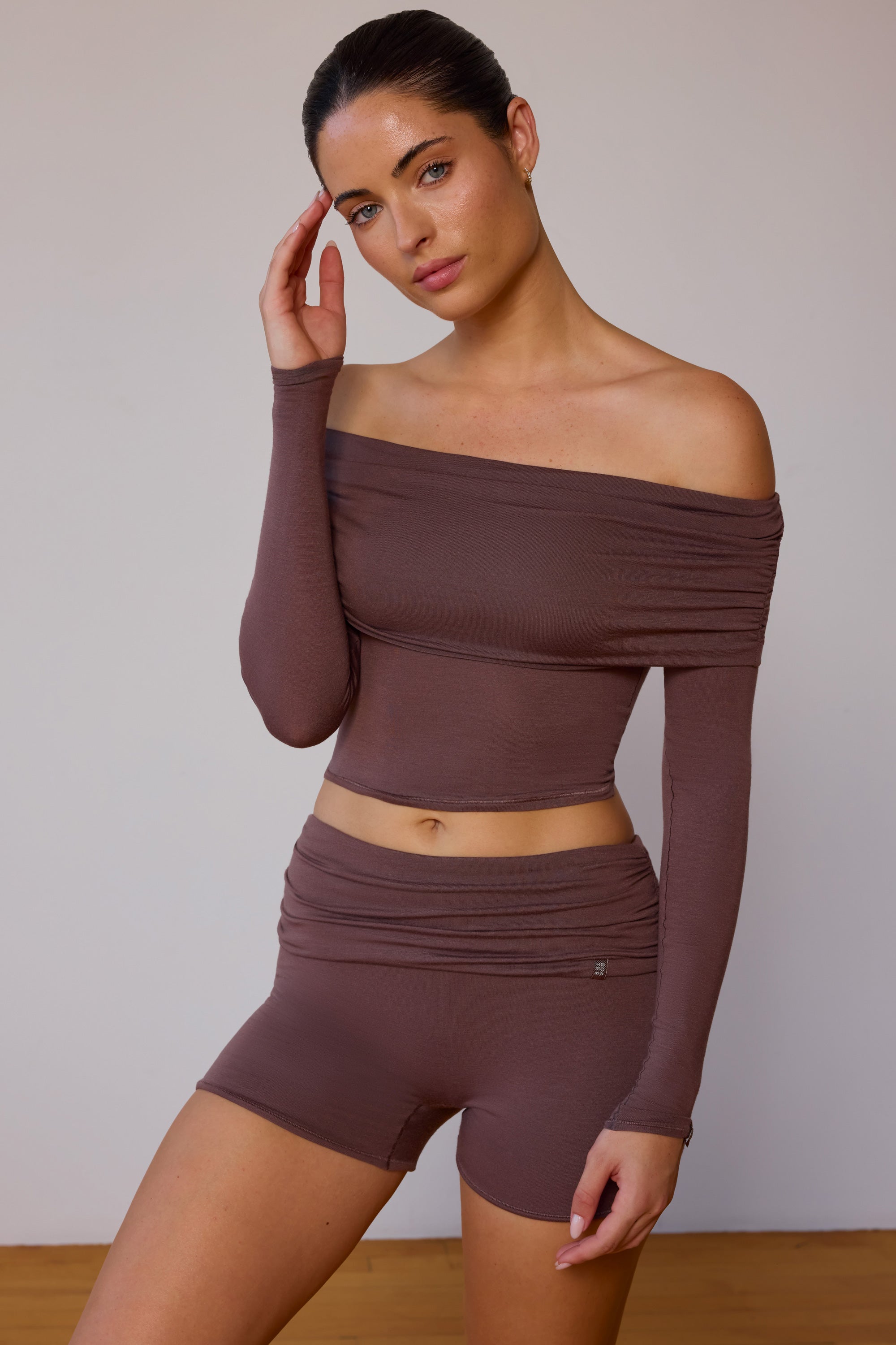 Fold-Over Mini Shorts in Taupe Brown - Image 5