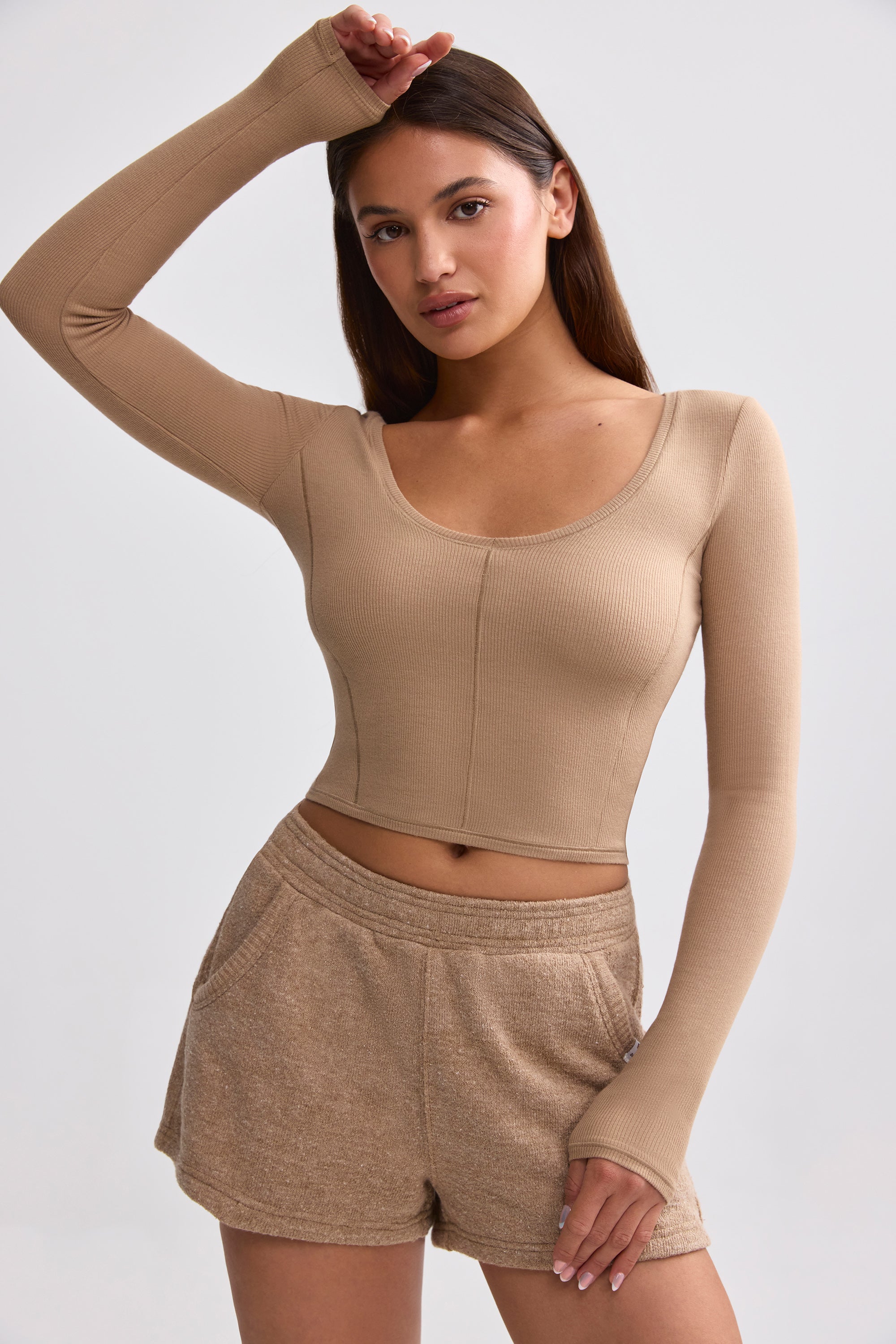 Ribbed Modal V-Neck Crop Top in Mocha Brown - Image 6