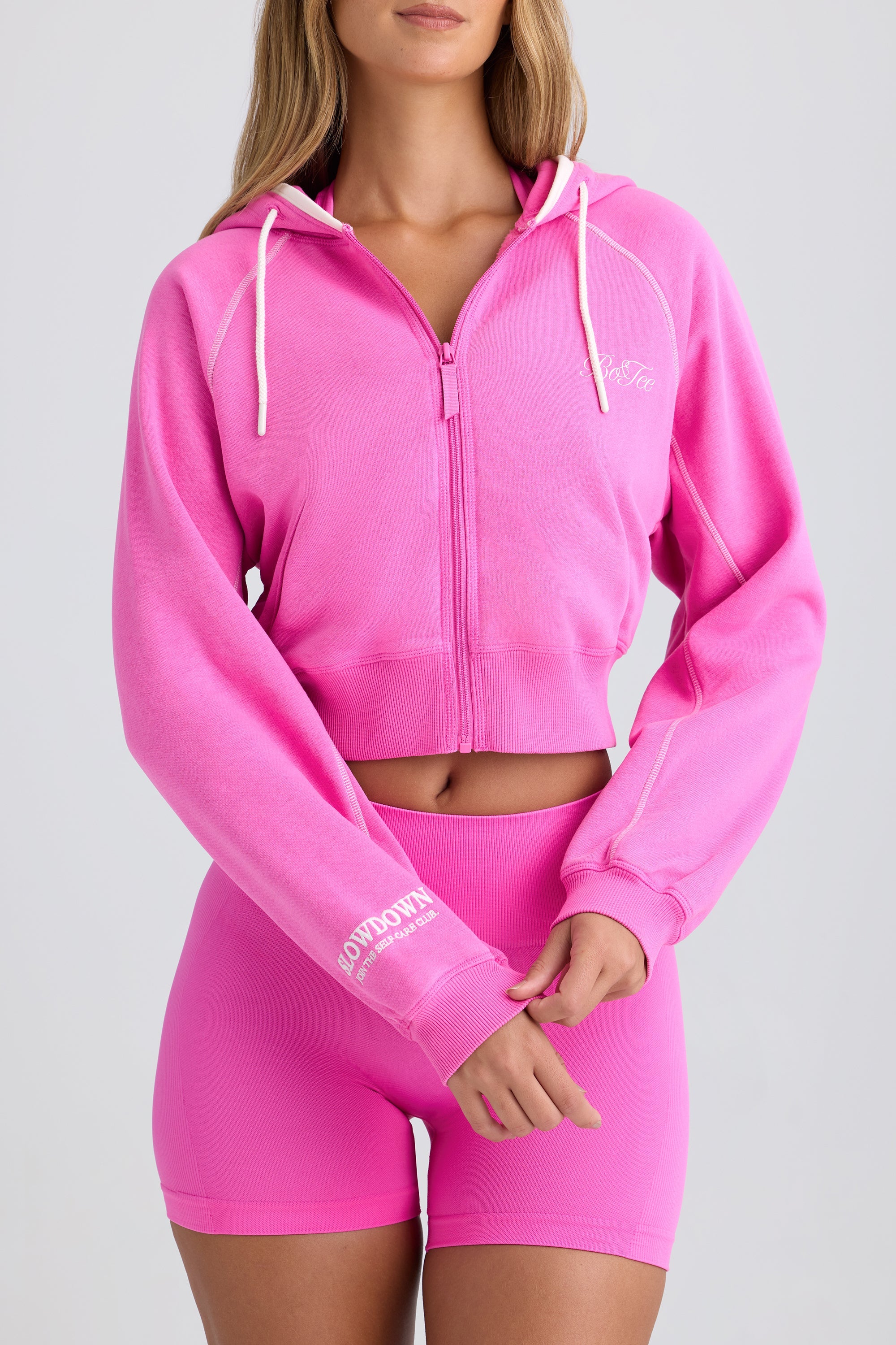 Zip-Up Cropped Hoodie in Sugar Pink - Image 4