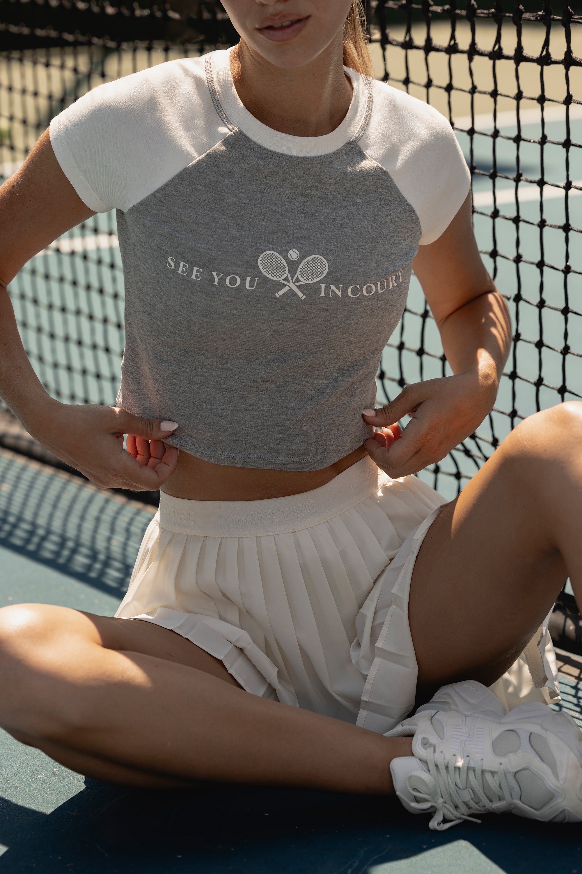 Courtside Classics Graphic-Print Cropped T-Shirt in Grey Marl