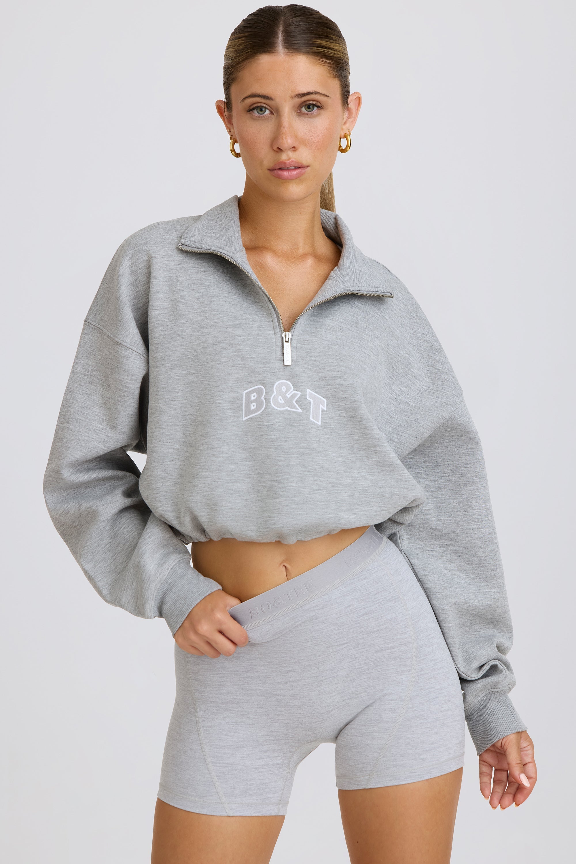 Courtside Classics Quarter-Zip Cropped Sweatshirt in Grey Marl - Image 5