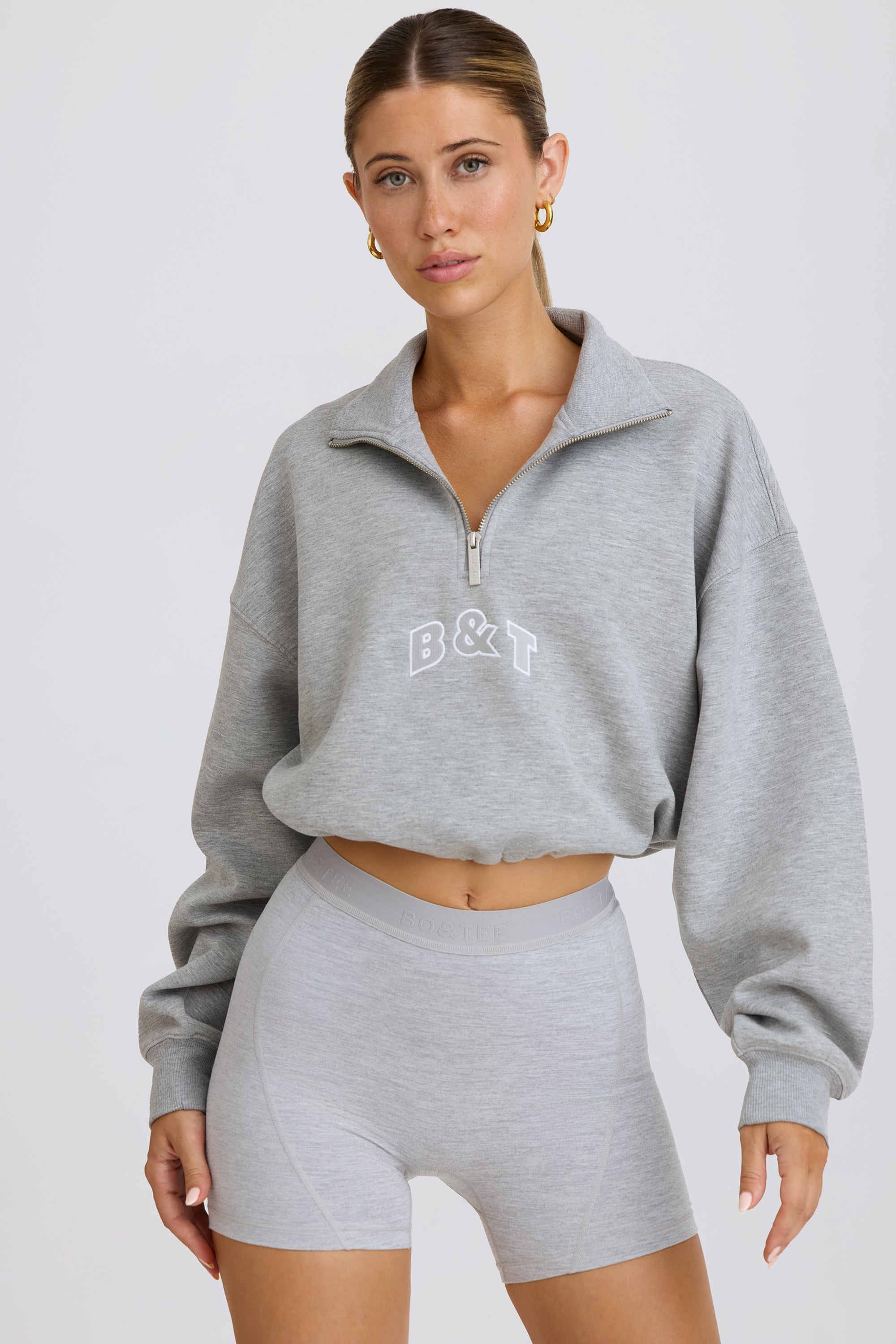 Courtside Classics Quarter-Zip Cropped Sweatshirt in Grey Marl - Image 6