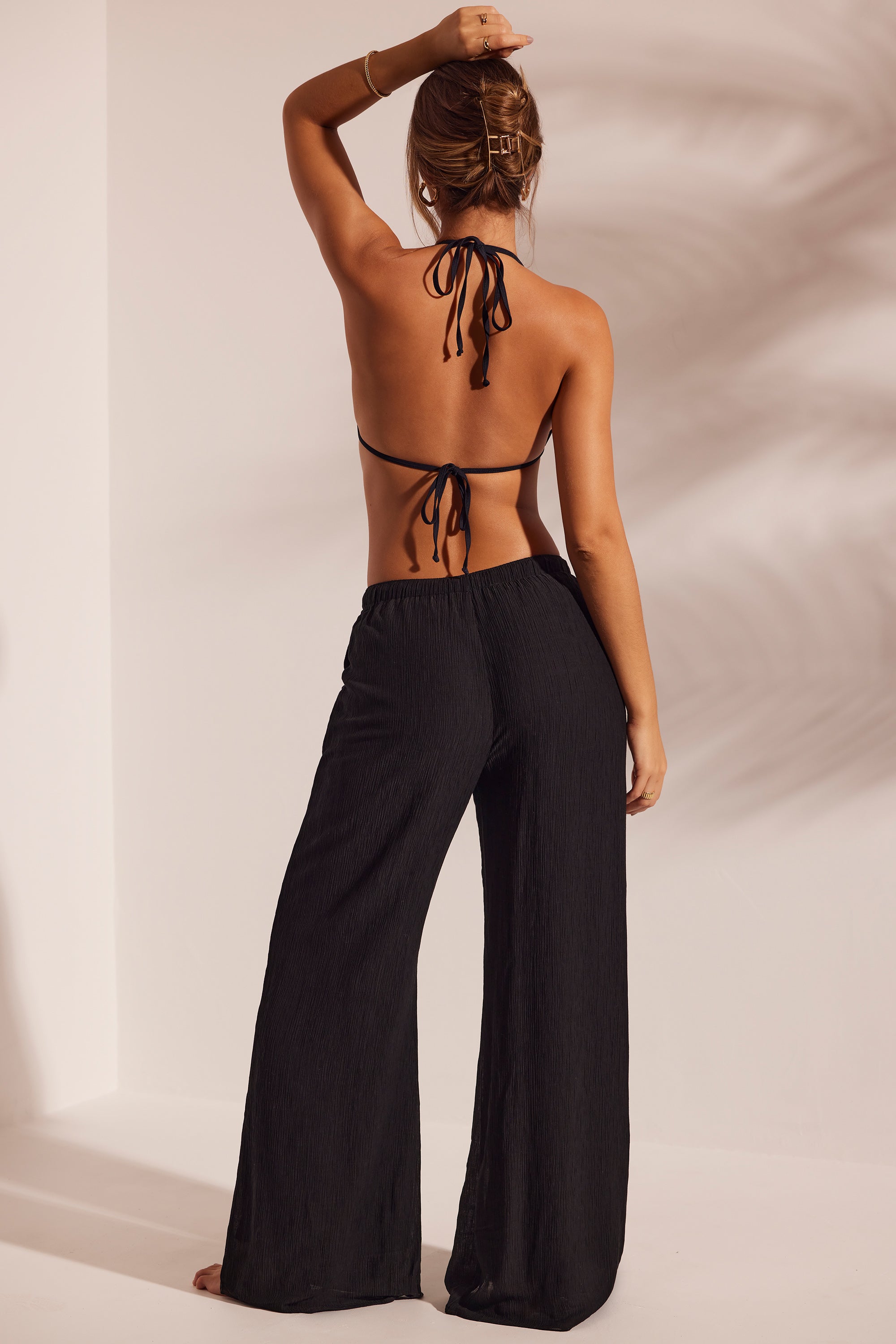 Resort Wear Crinkle Textured Wide Leg Beach Trousers in Black - Image 2