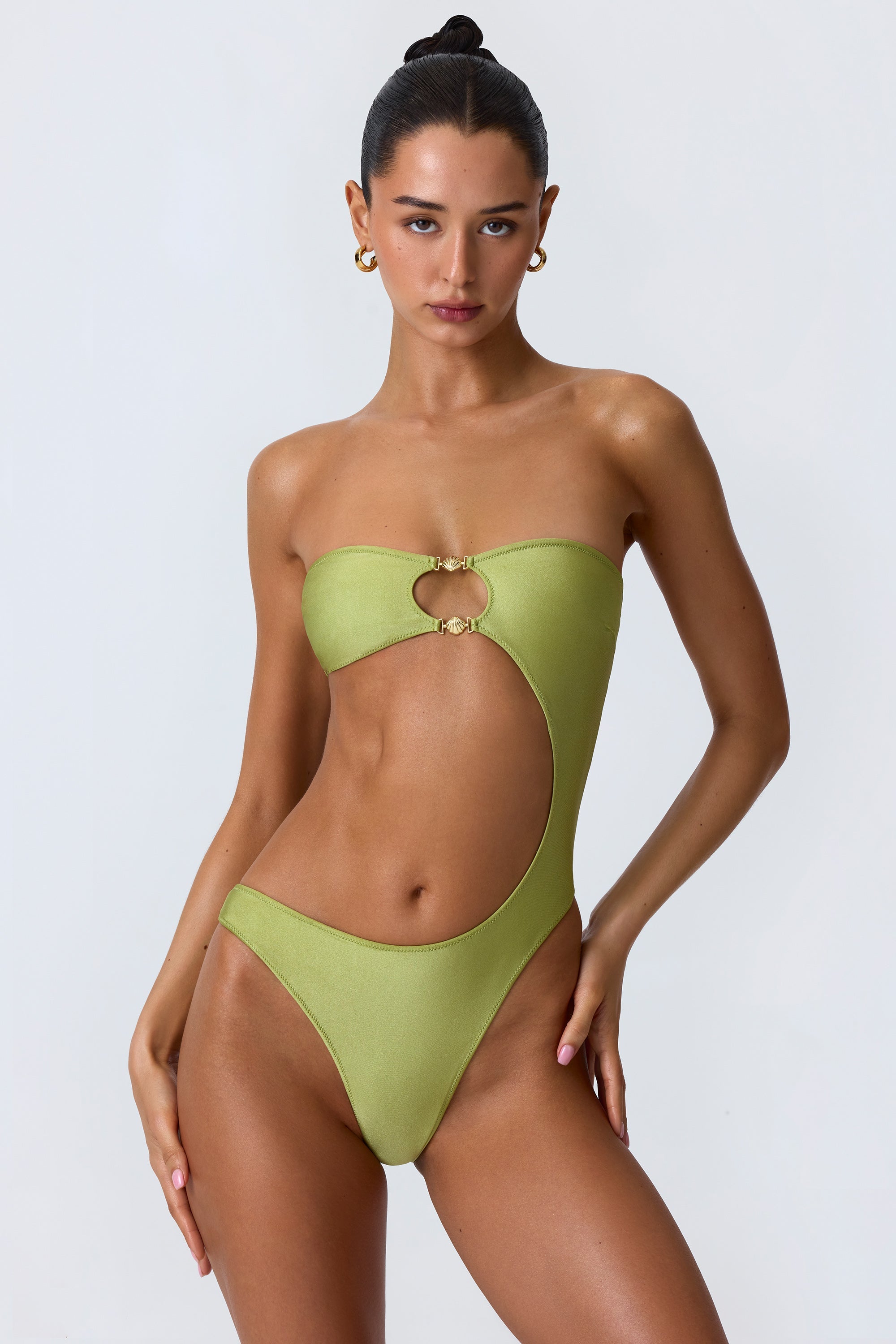Charmed Embellished Cut-Out Bandeau Swimsuit in Pear Green - Image 10
