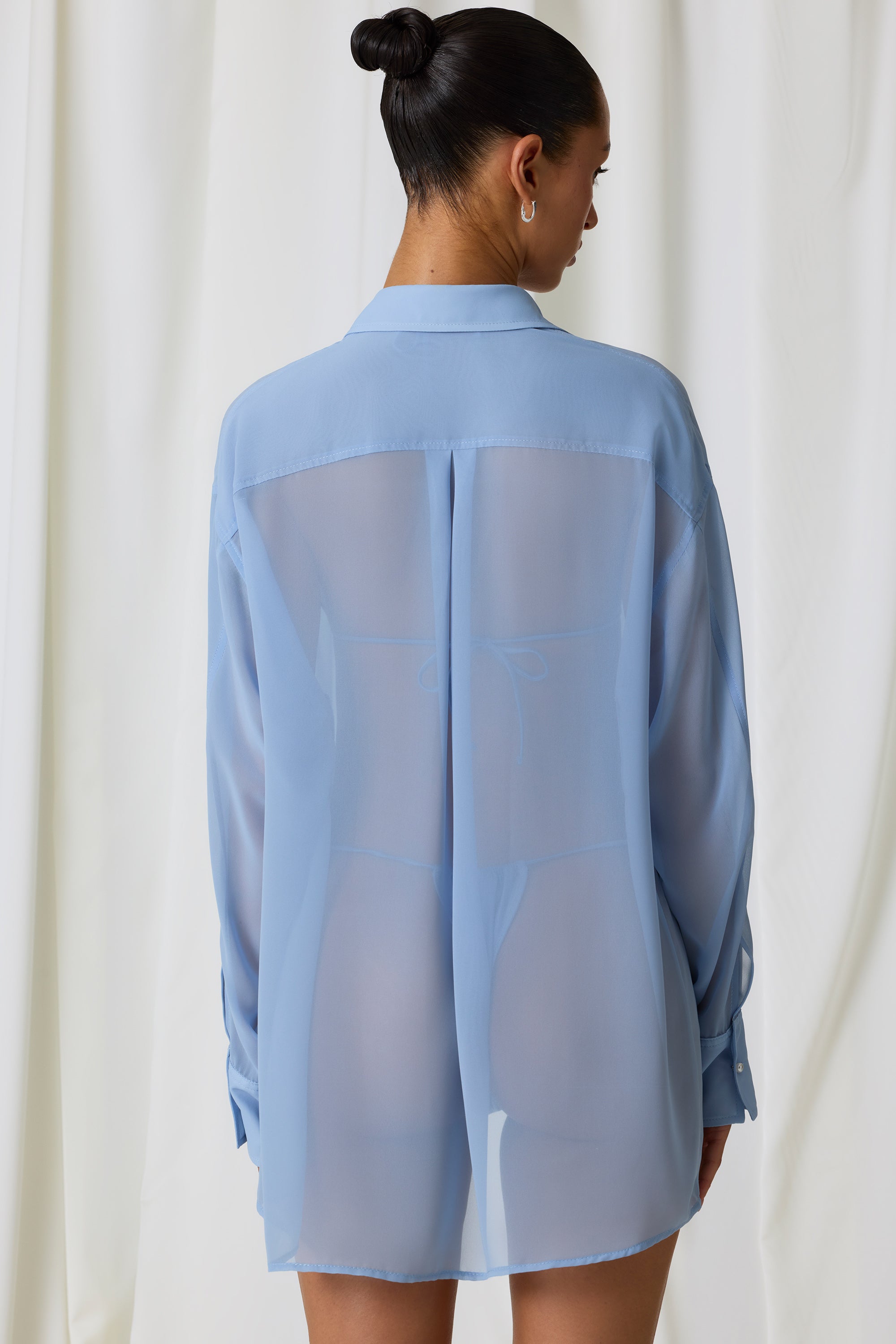 Hiva Pearl-Detail Oversized Shirt in Sky Blue - Image 2