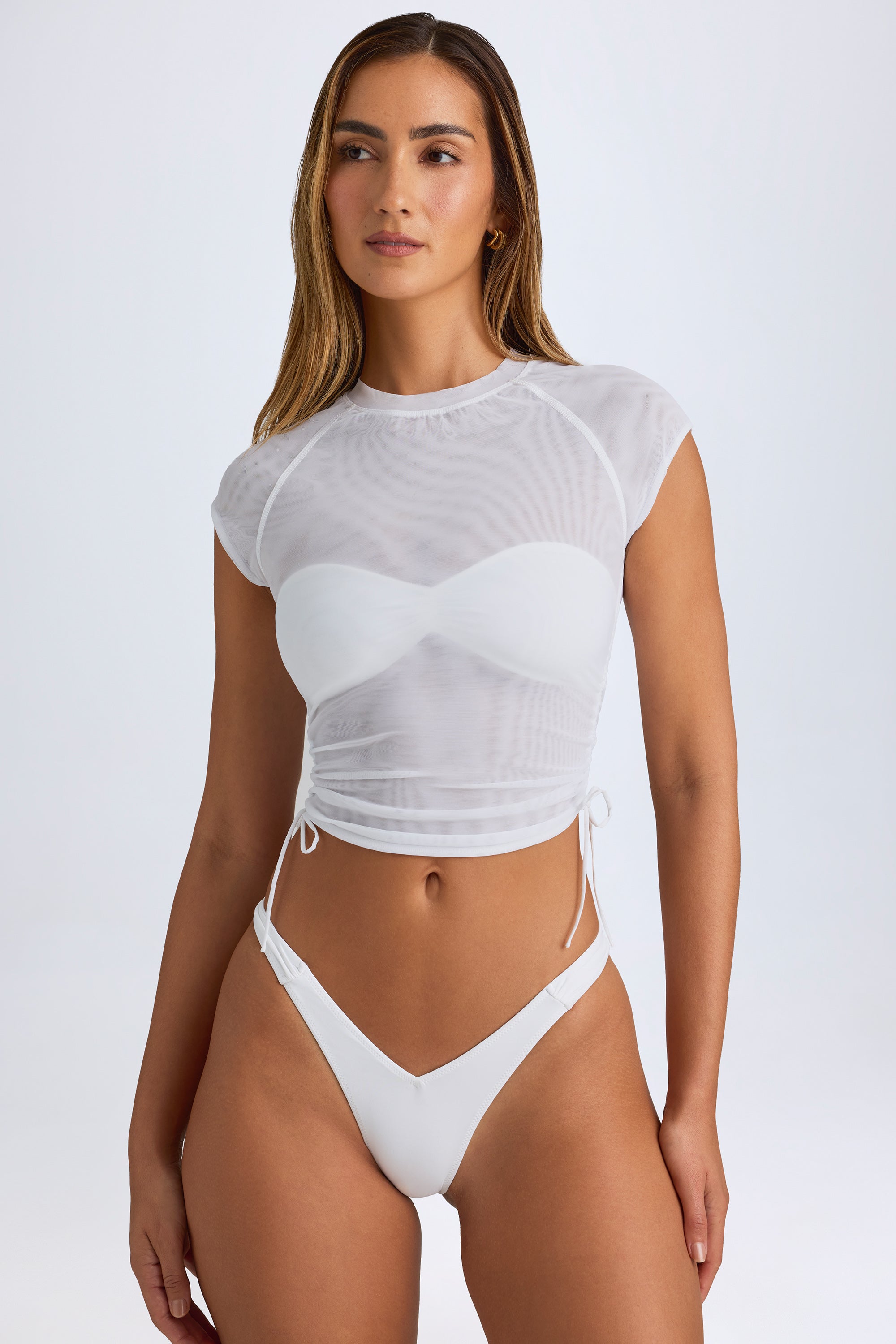 Santana Sheer Ruched Cropped T-Shirt in White