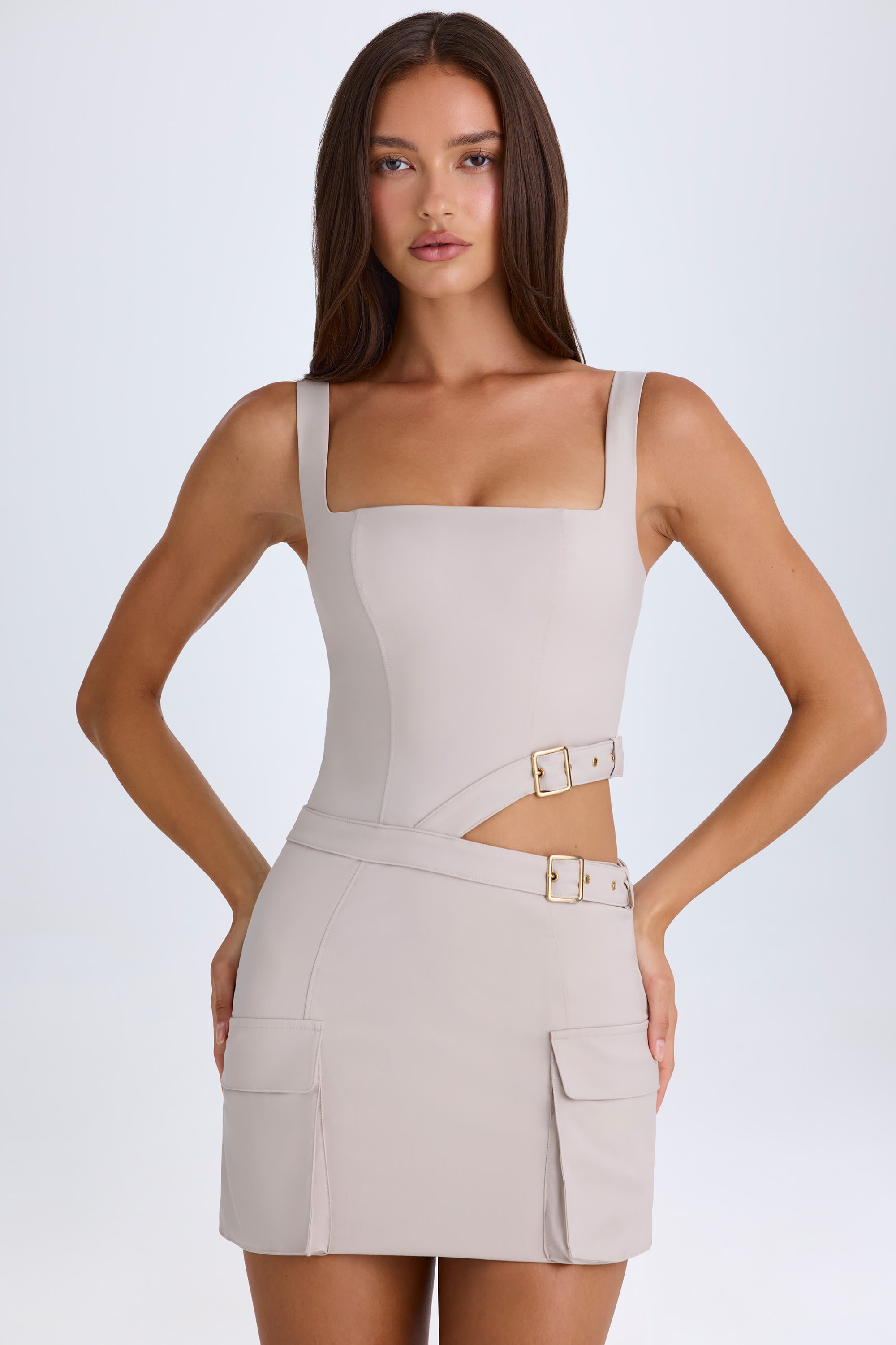 Acadia Belted Cut-Out Mini Dress in Taupe - Image 8