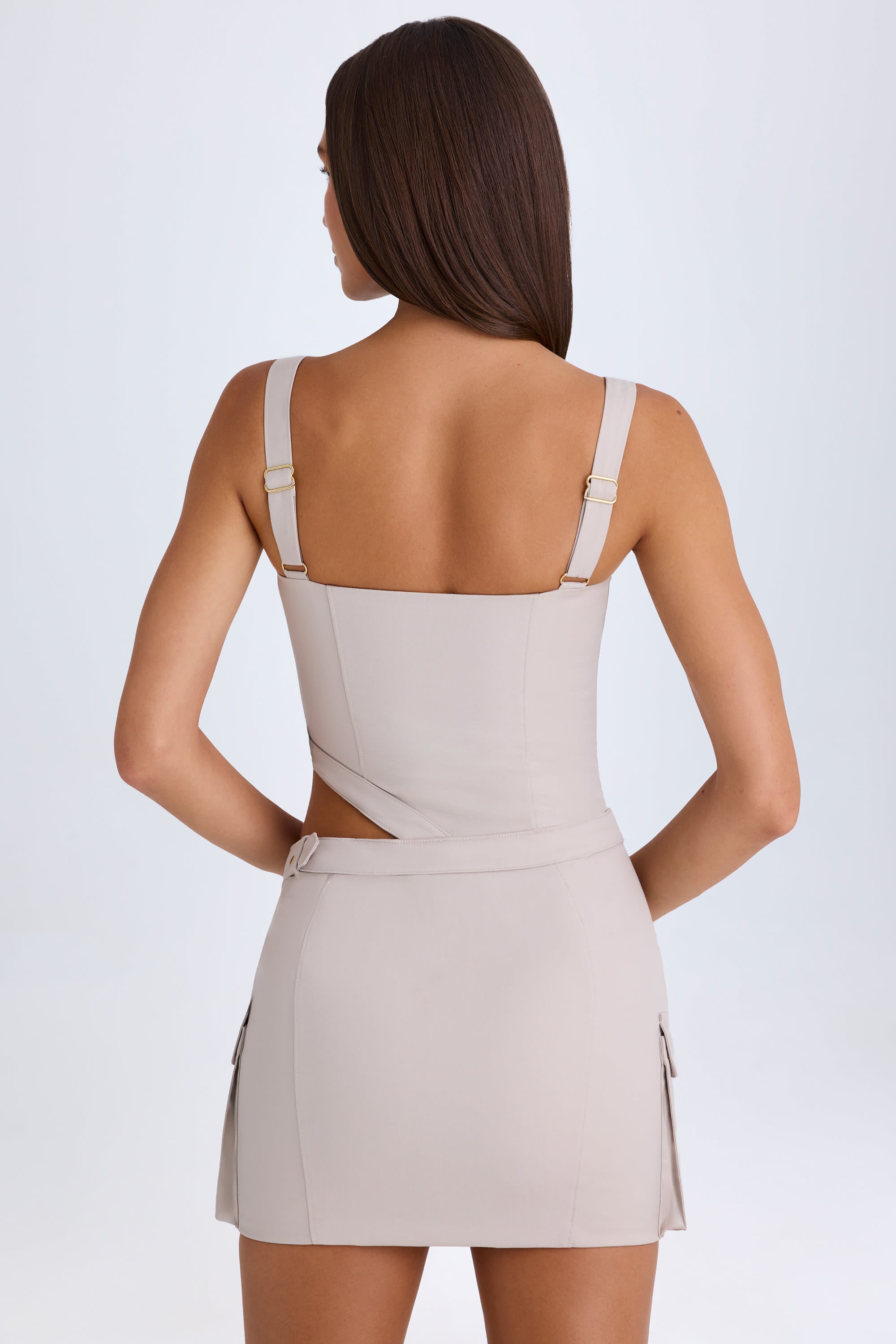 Acadia Belted Cut-Out Mini Dress in Taupe - Image 4