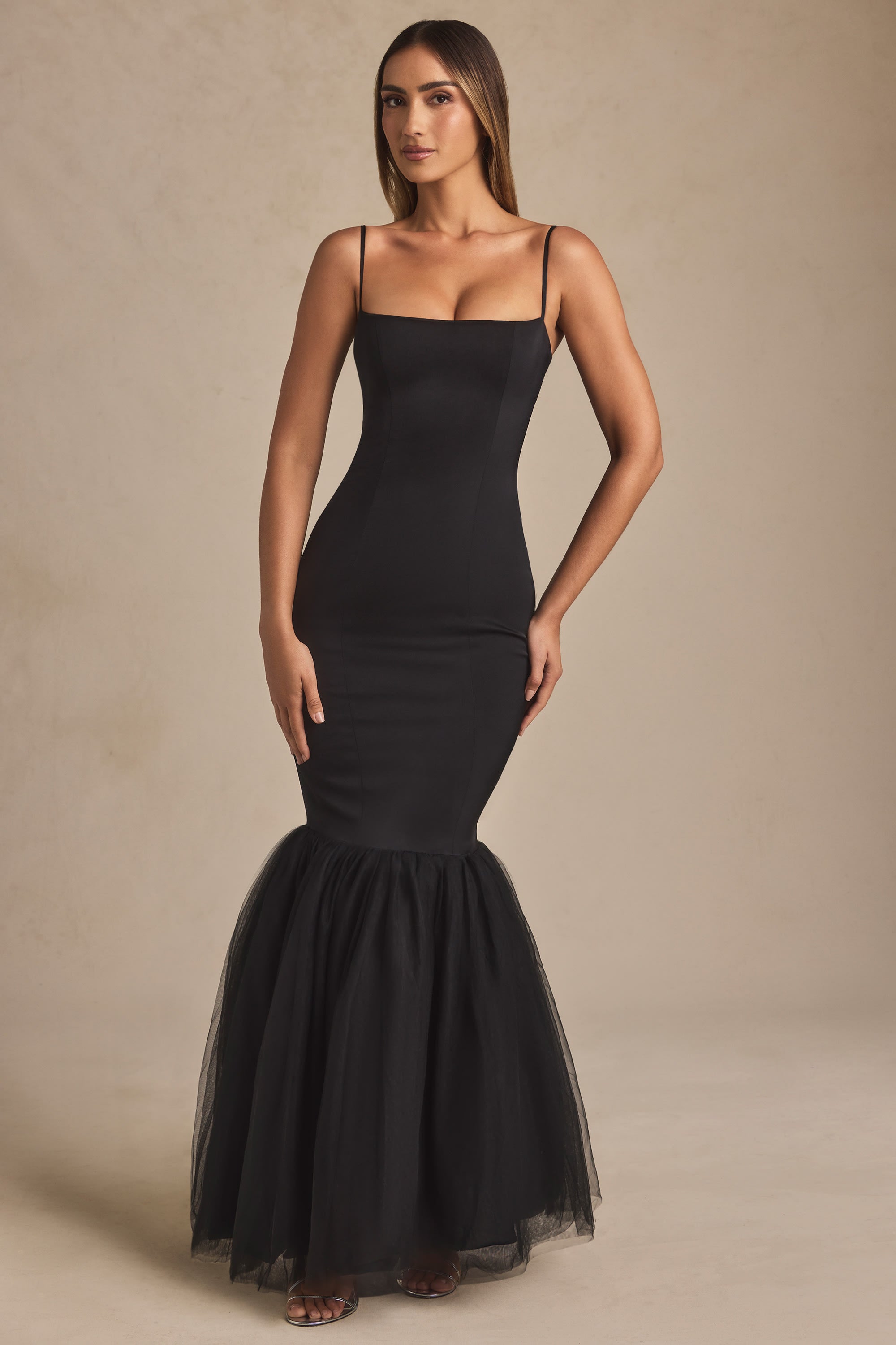 Adelpha Tulle Hem Fishtail Gown in Black