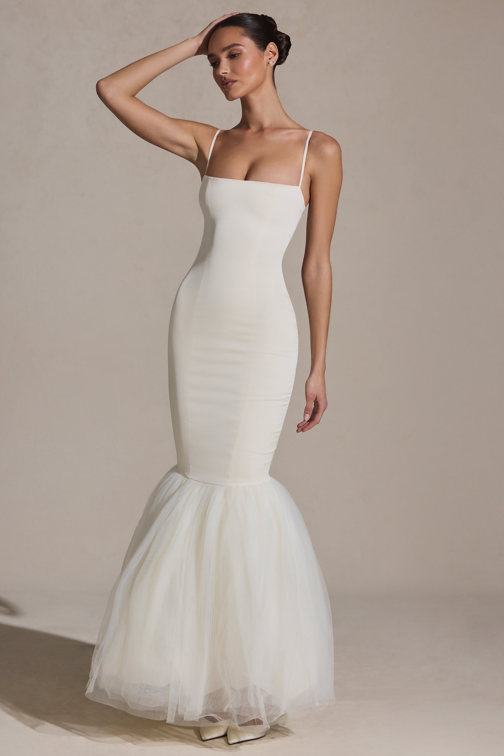 Adelpha Tulle Hem Fishtail Gown in Ivory