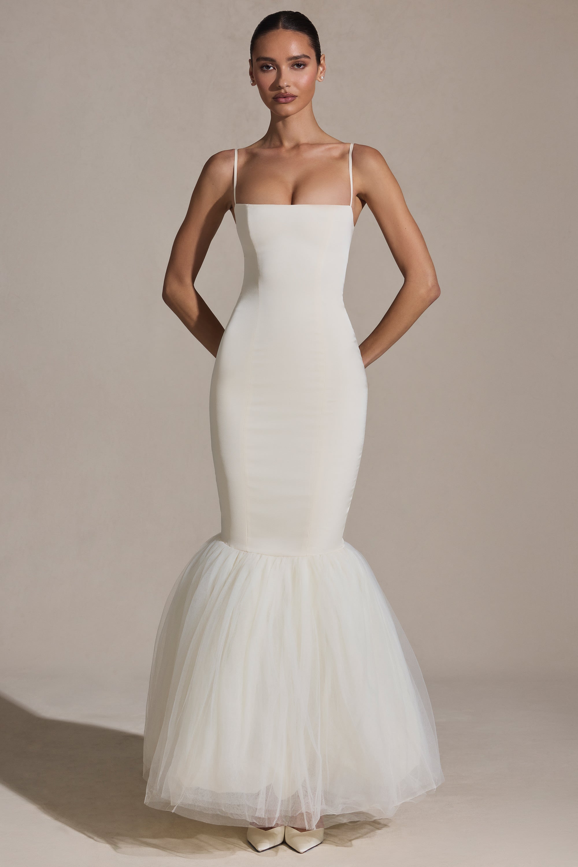 Adelpha Tulle Hem Fishtail Gown in Ivory - Image 4