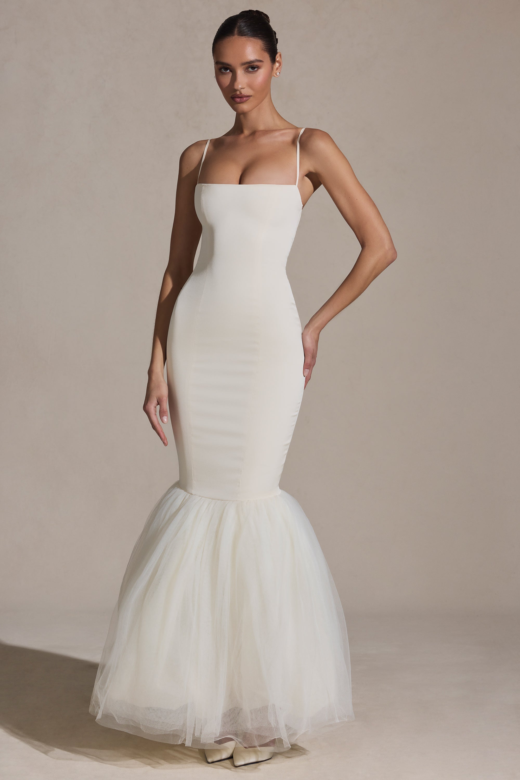 Adelpha Tulle Hem Fishtail Gown in Ivory - Image 6
