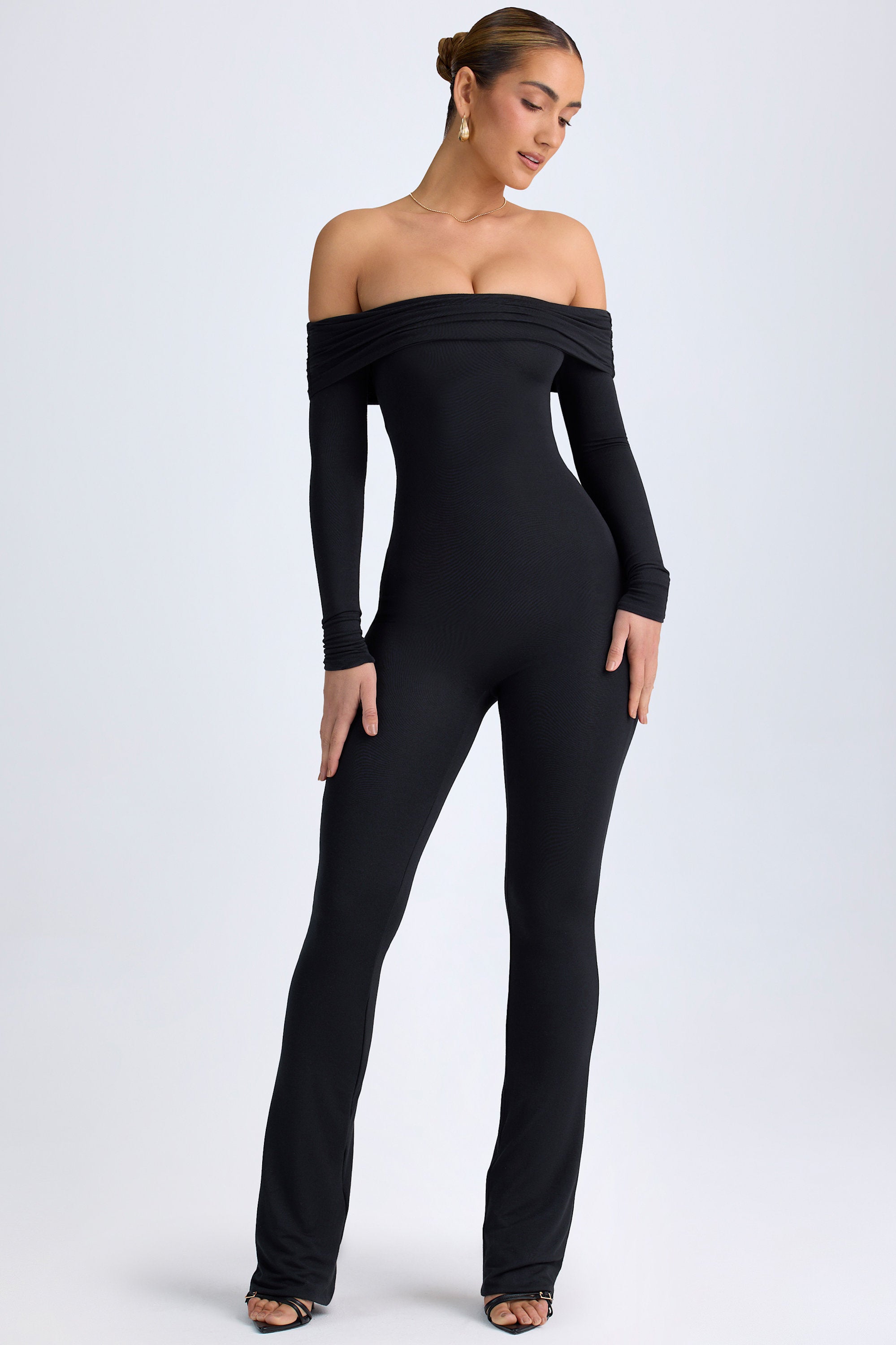 Agnesa Modal Off-Shoulder Ruched Jumpsuit in Black