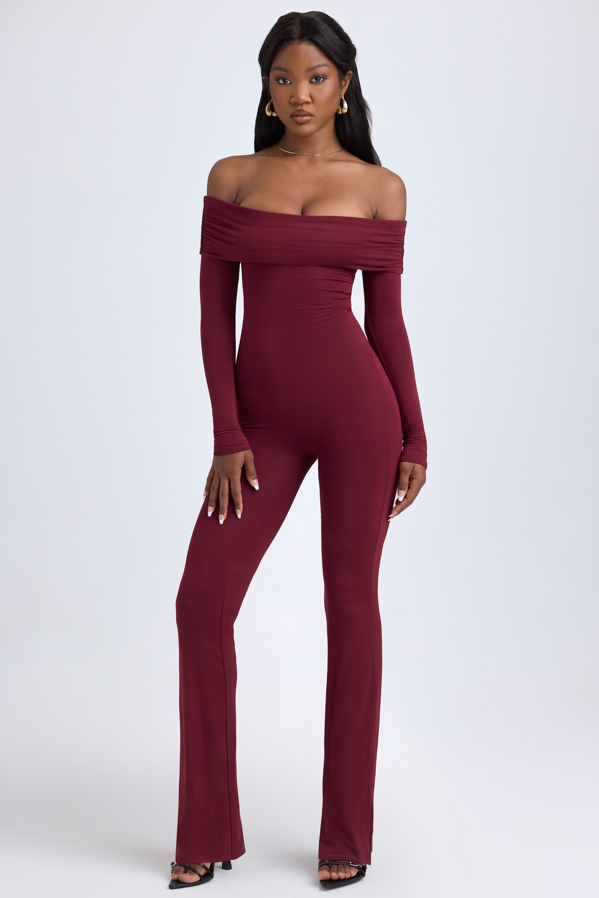 Agnesa Modal Off-Shoulder Ruched Jumpsuit in Wine Red