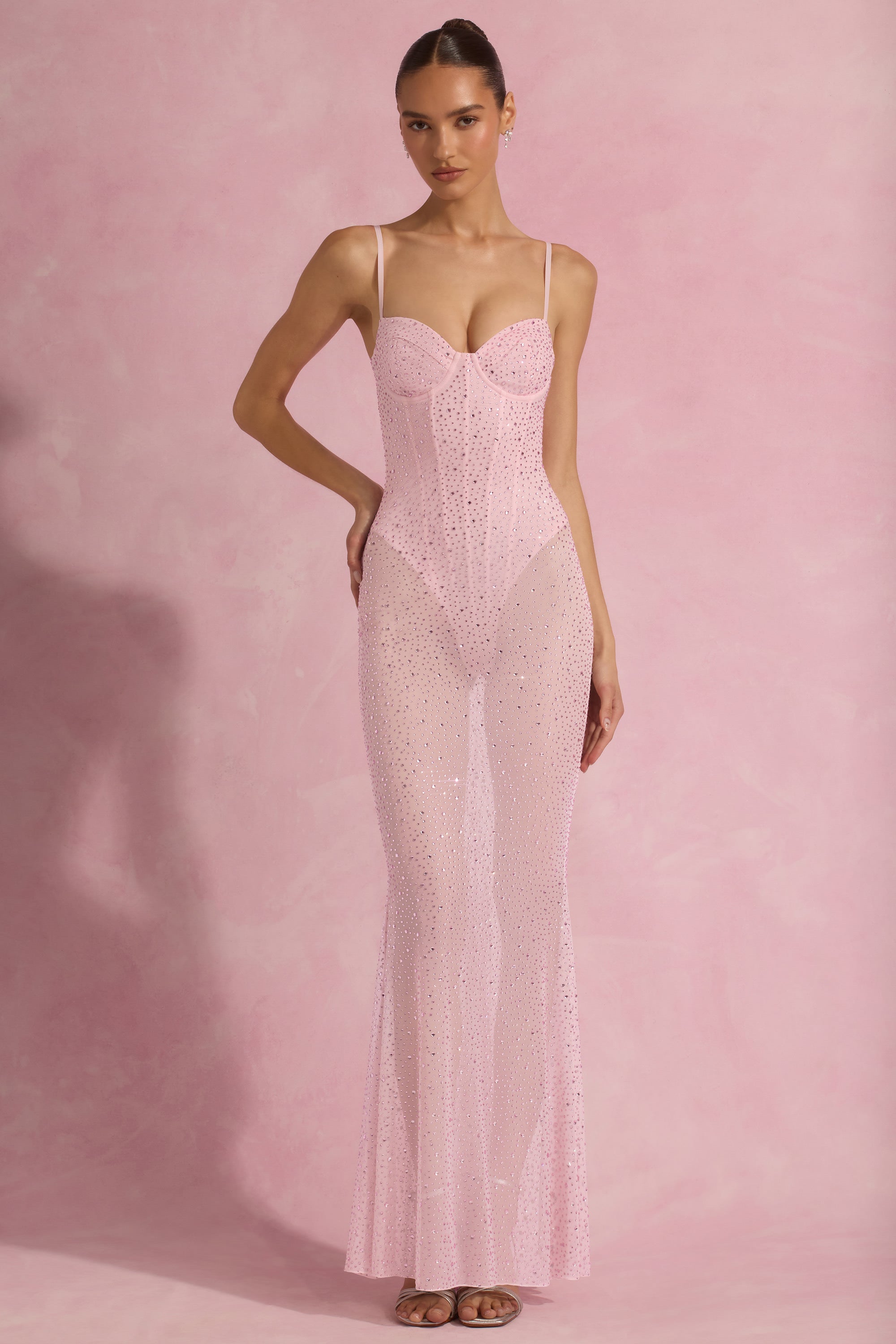Alara Semi-Sheer Embellished Corset Gown in Pink - Image 5