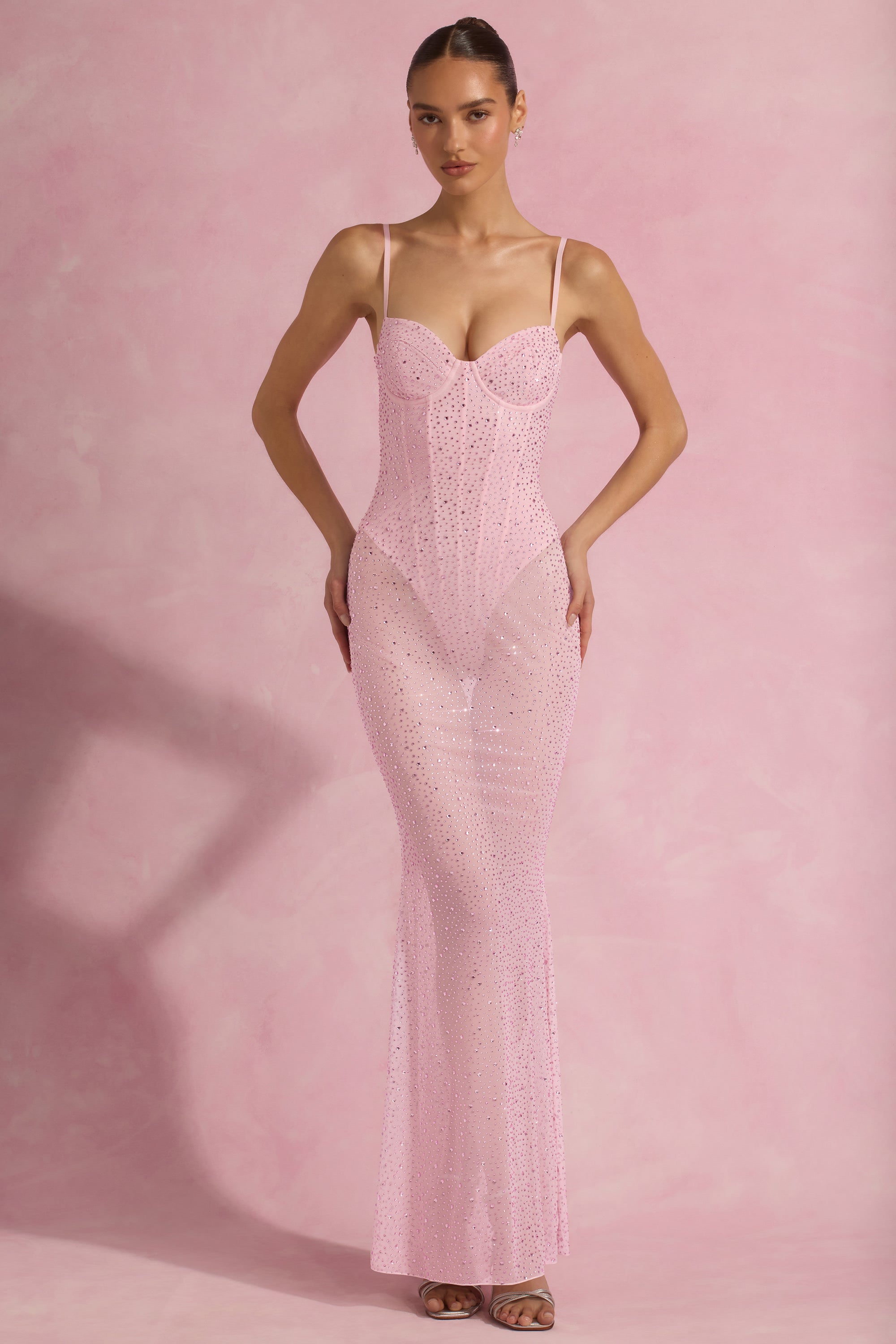 Alara Semi-Sheer Embellished Corset Gown in Pink - Image 7