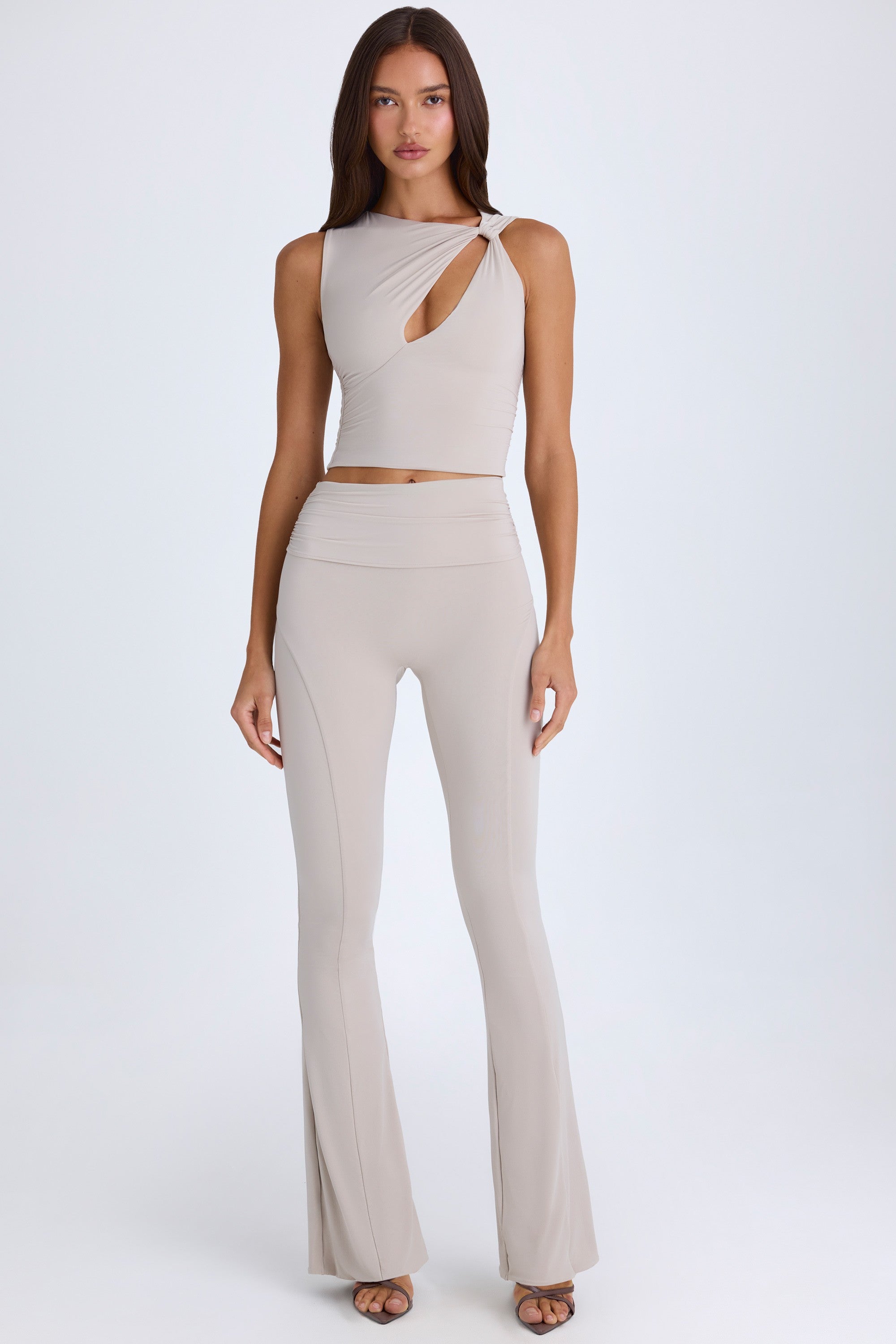 Alexandria Foldover Flared Trousers in Taupe